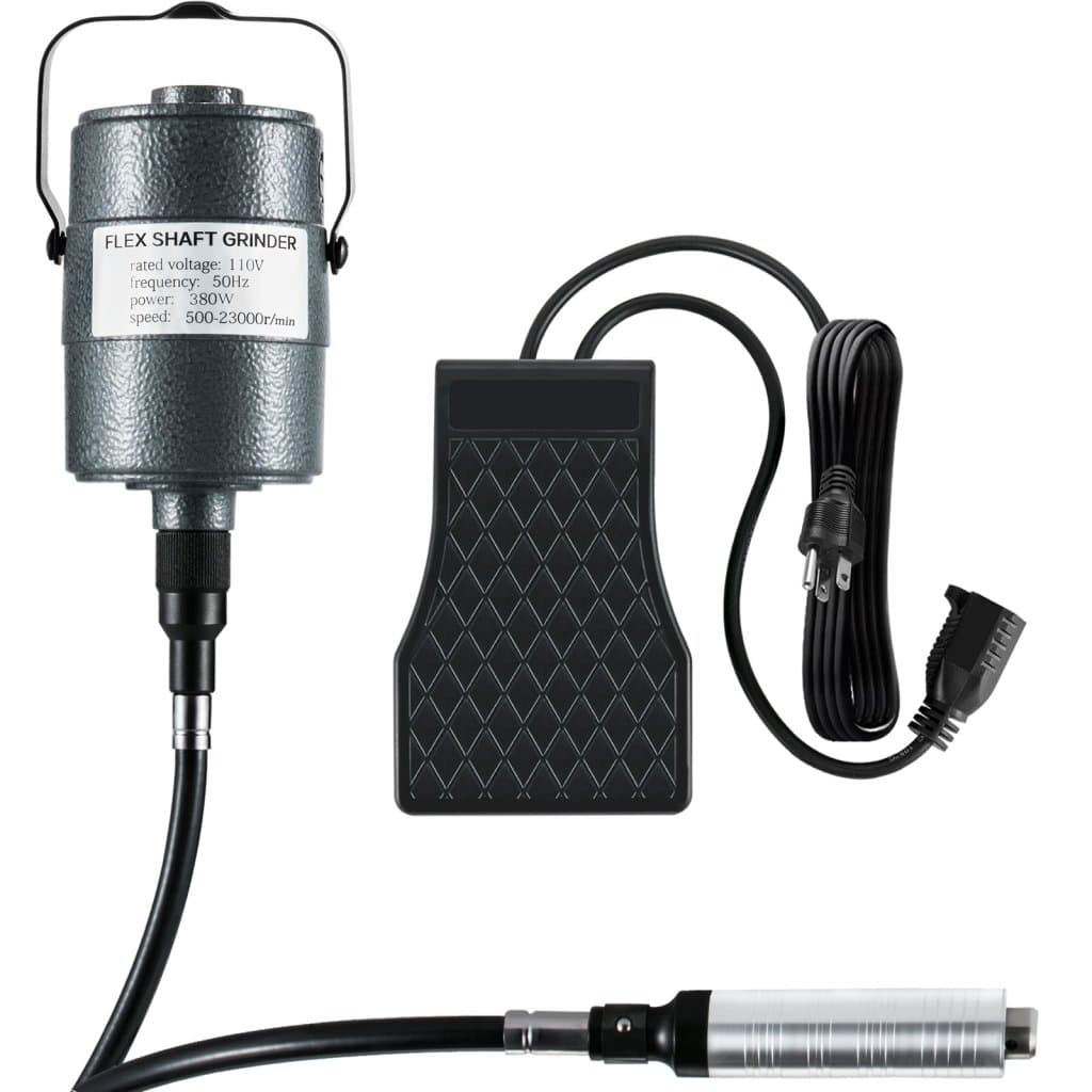 Bruska s flexibilním hřídelem S, rotační nářadí 380 W, rotační hlava pro řezbářství 500–23 000 ot./min s 3-čel. upínadlem 1/4" a plynulým nožním pedálem, závěsná bruska, 131 dílů, příslušenství pro leštění a broušení šperků