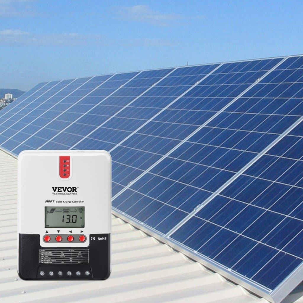 MPPT solární regulátor nabíjení 20A, automatické DC vstupy 12V/24V, nabíjecí regulátor solárního panelu s LCD displejem, kabel čidla teploty, pro nabíjení uzavřených (AGM), gelových, tekutých (zalévaných) a lithiových baterií