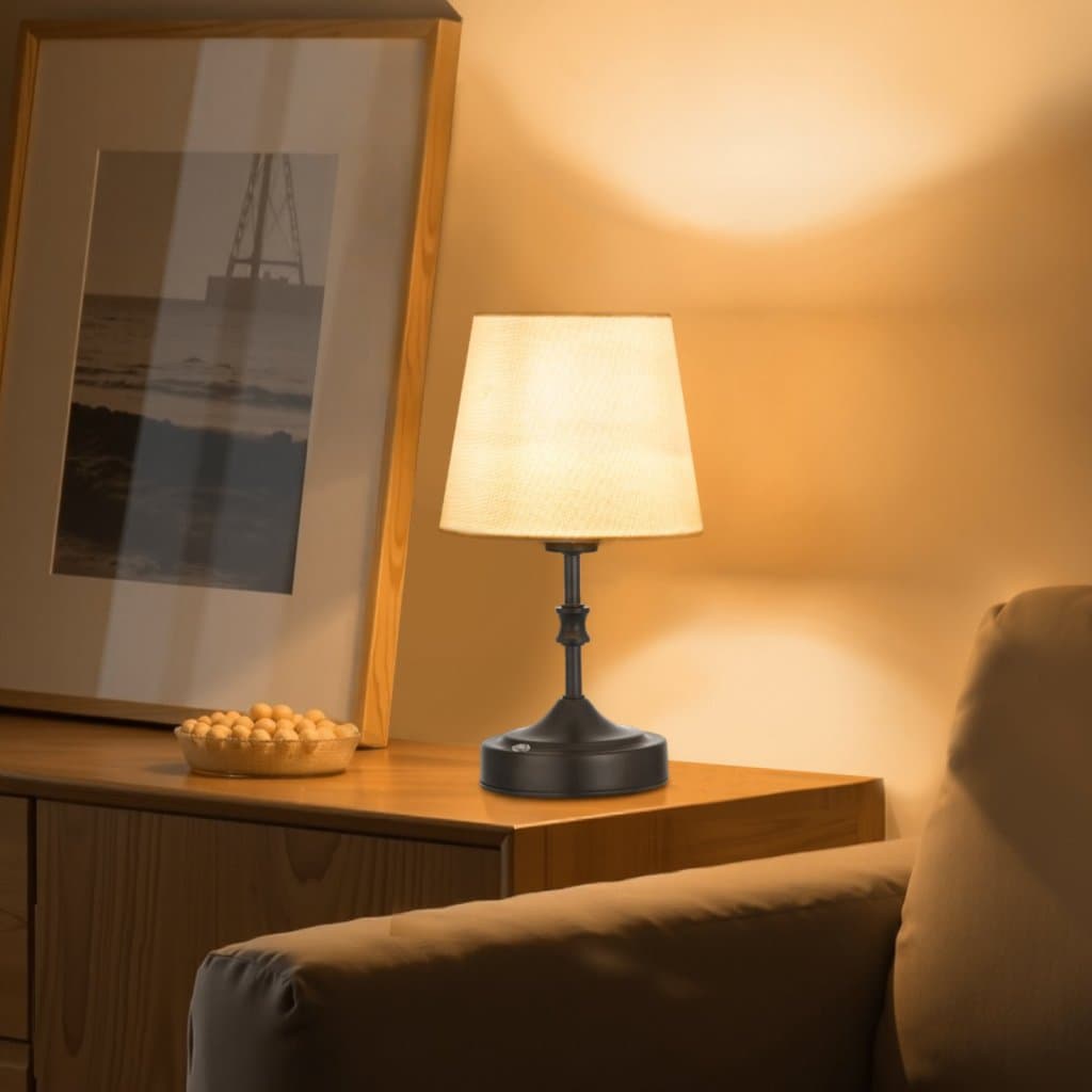 Bezdrátová stolní lampa s akumulátorem, malá lampa se stínidlem z látky, černá