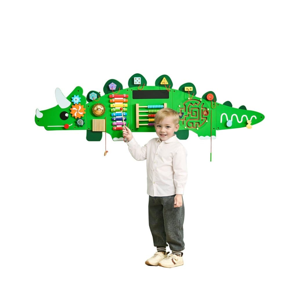 Nástěnná tabule s dinosauřími aktivitami, panely na zeď s 11 smyslovými aktivitami