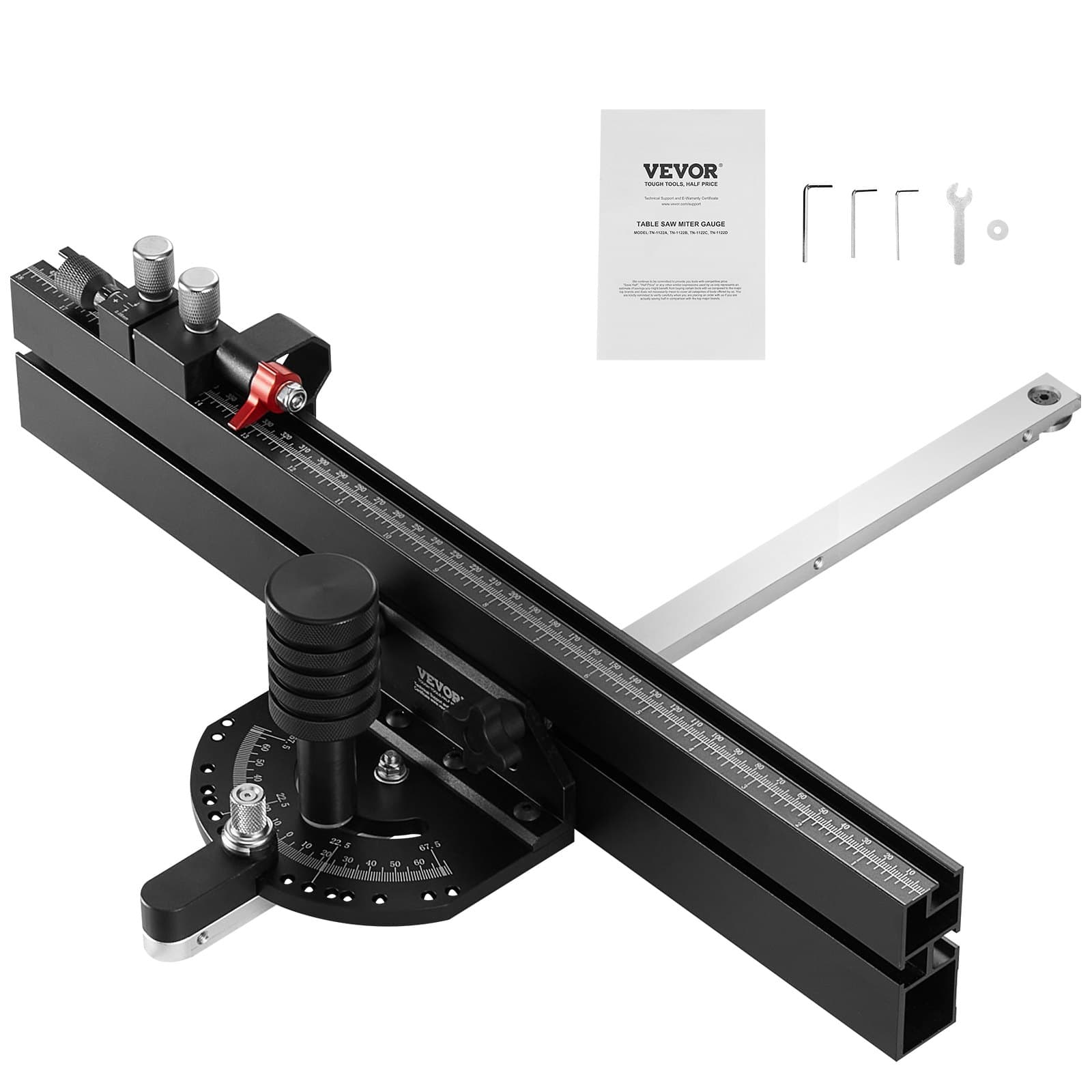 Přesný úhloměr, standardní štěrbina 19 x 9,5 mm, úhloměr pro stolní pilu z hliníkové slitiny s mřížkou 45,7 cm, 15 omezovači úhlu, nastavitelným pružinovým pístem a vyjímatelným kotoučem, pro zpracování dřeva