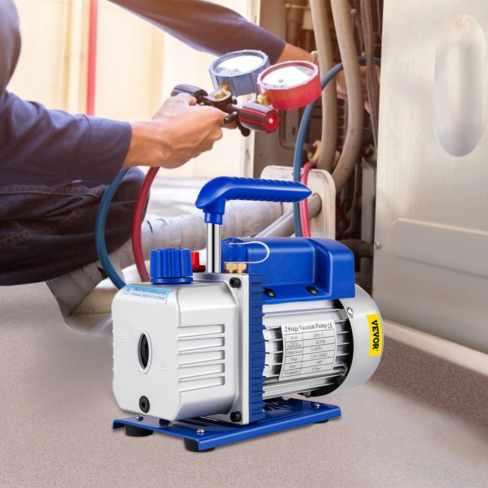 Vakuové čerpadlo 9 CFM 1 HP, dvoustupňové vakuové čerpadlo pro klimatizaci 220 V 5 PA, vysoce kvalitní čerpadlo pro chladiva HVAC s otočnými lopatkami pro opravy automobilů a vakuovou evakuaci