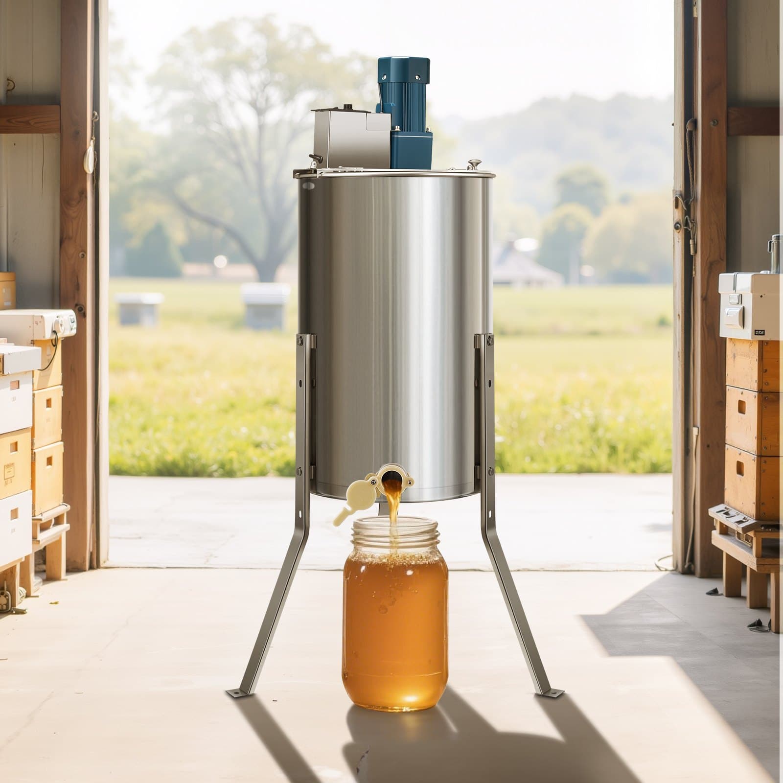 Elektrický medomet, 3ramenný odvíječ medu s průhledným víkem, 140W bubnový odvíječ z nerezové oceli se strukturou pláství, nastavitelná výška, zařízení pro extrakci medu pro včelaře