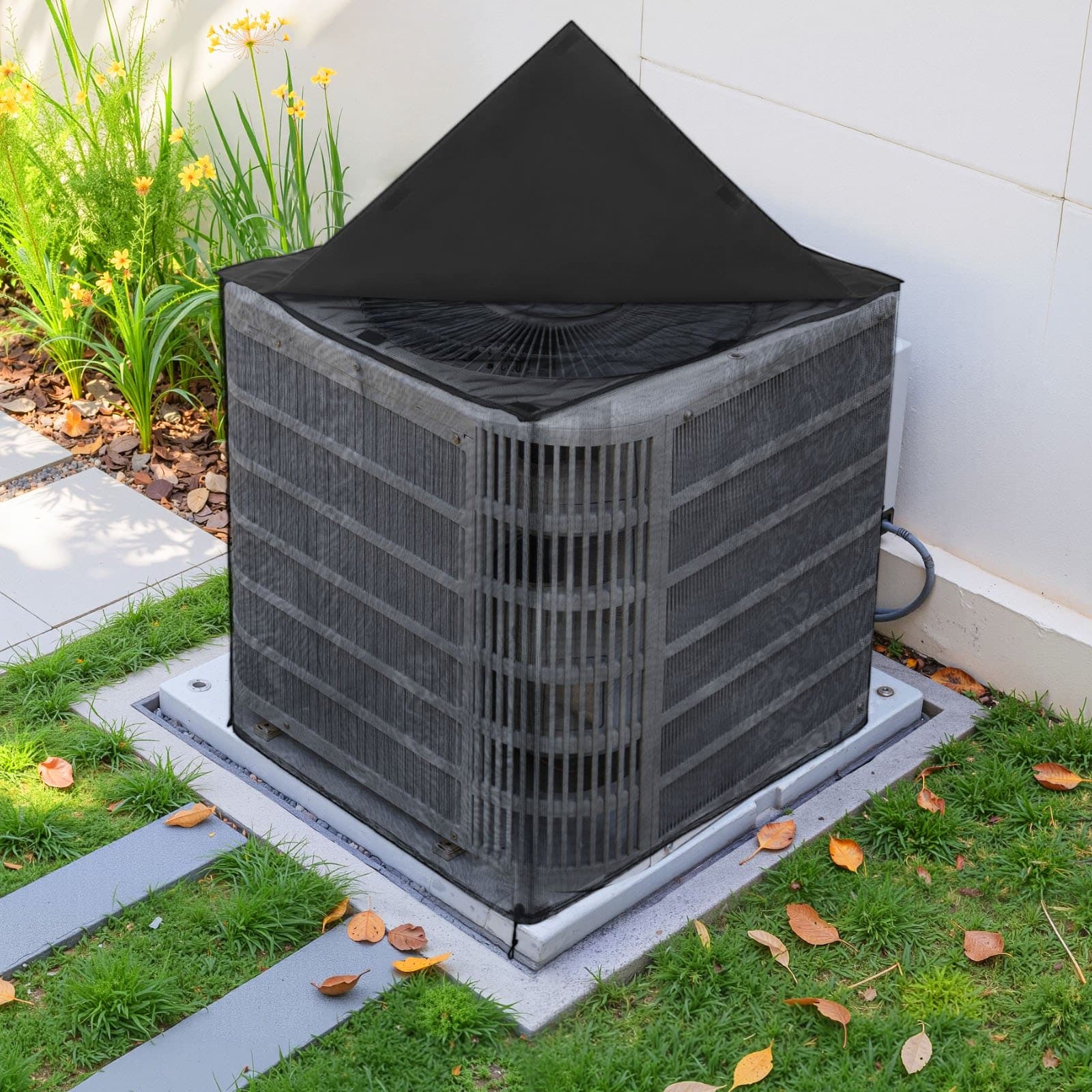 Potah na klimatizaci, 711 x 711 x 812 mm, dvouvrstvý, s odnímatelnou stříškou, voděodolný polyester, univerzální kryt HVAC pro venkovní klimatizační jednotku, černý