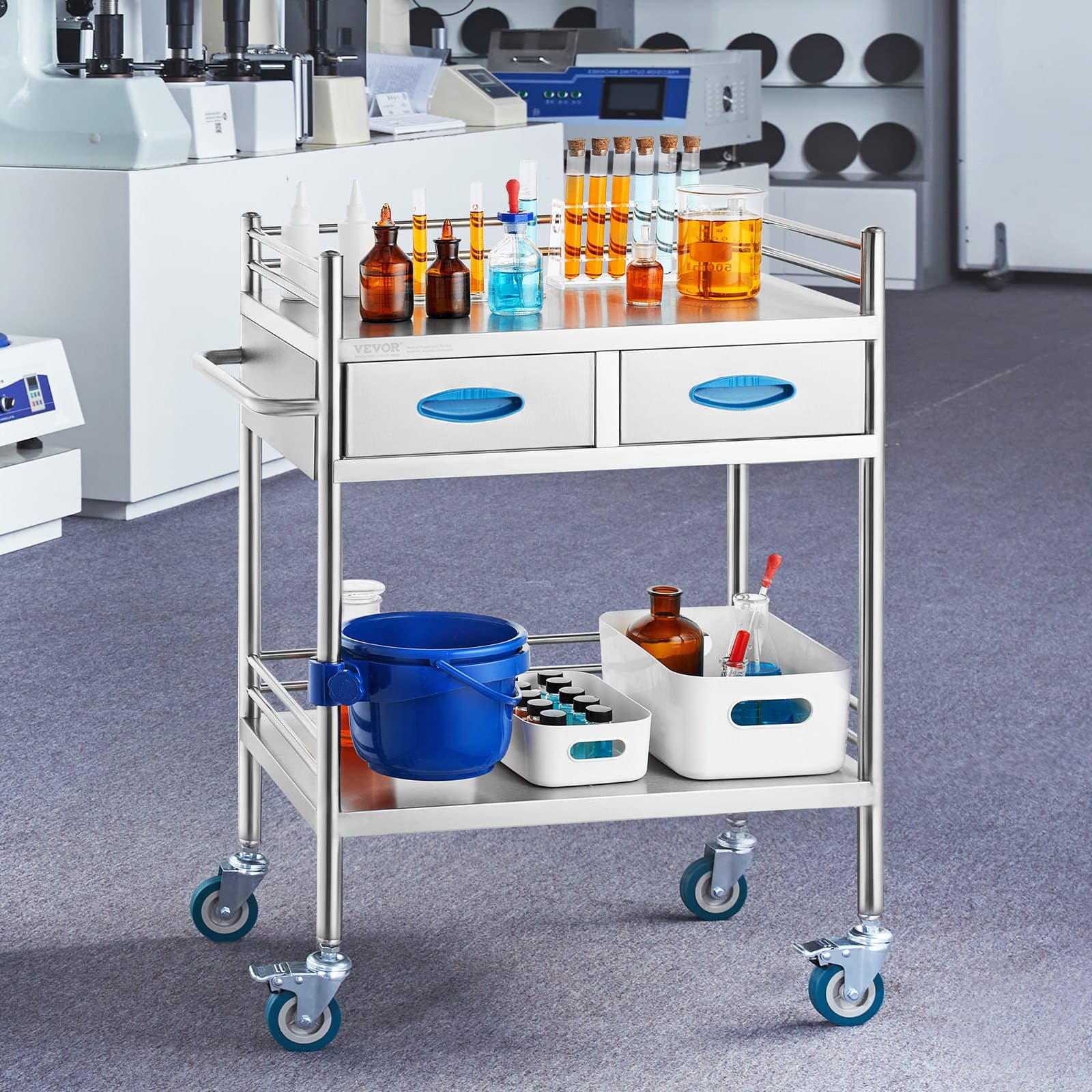 Laboratorní vozík, multifunkční nerezový vozík, 2úrovňový, lékařský vozík se dvěma zásuvkami, stomatologický nástrojový vozík s uzamykatelnými kolečky a kýblem, pro laboratoř, nemocnici, zubní ordinaci