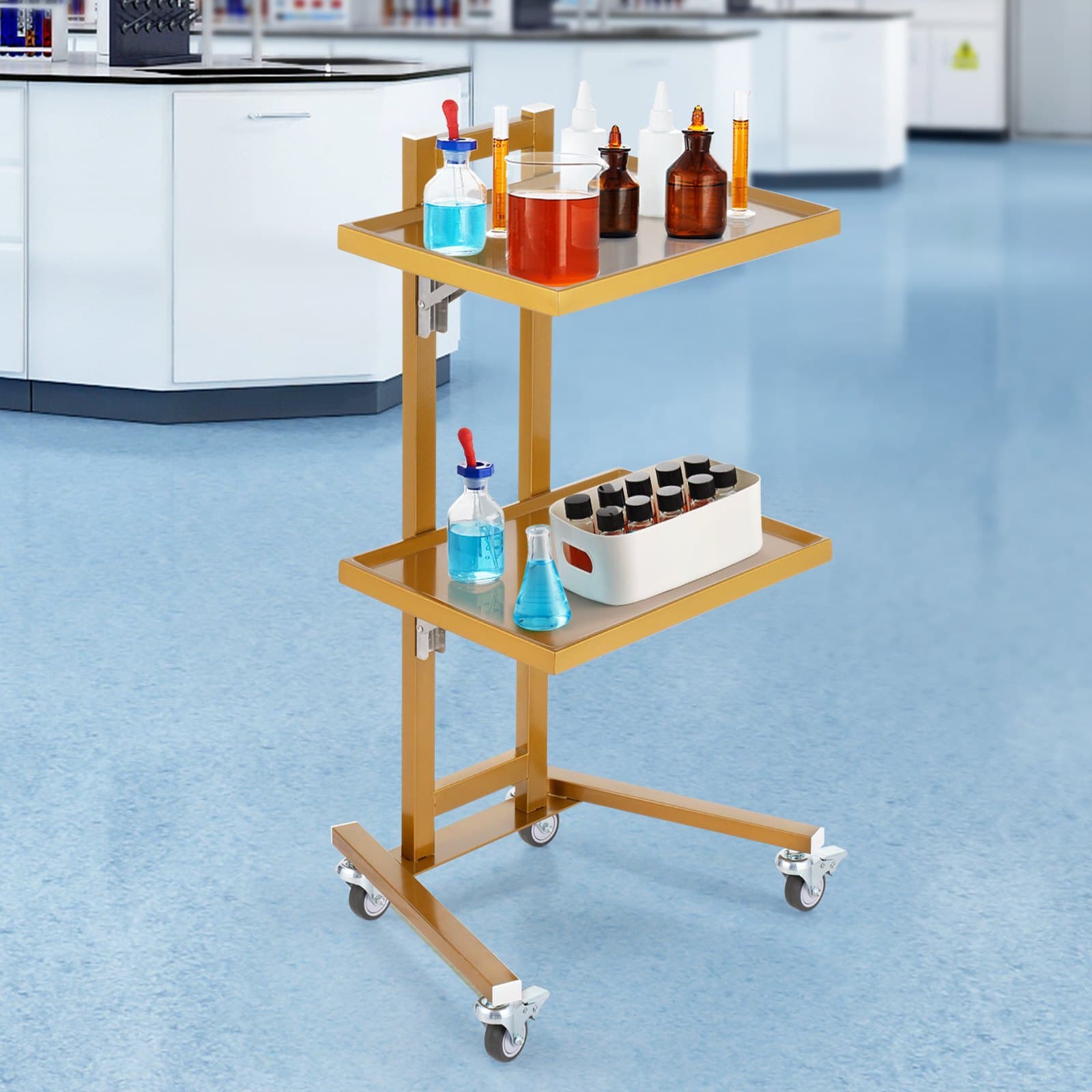 Nerezové laboratorní vozíky se 2 úrovněmi, laboratorní vozík se 2 podnosy, mobilní lékařský vozík se 4 tichými kolečky, pojízdný laboratorní vozík pro laboratoř, kliniku, nemocnici, salon, zlatý