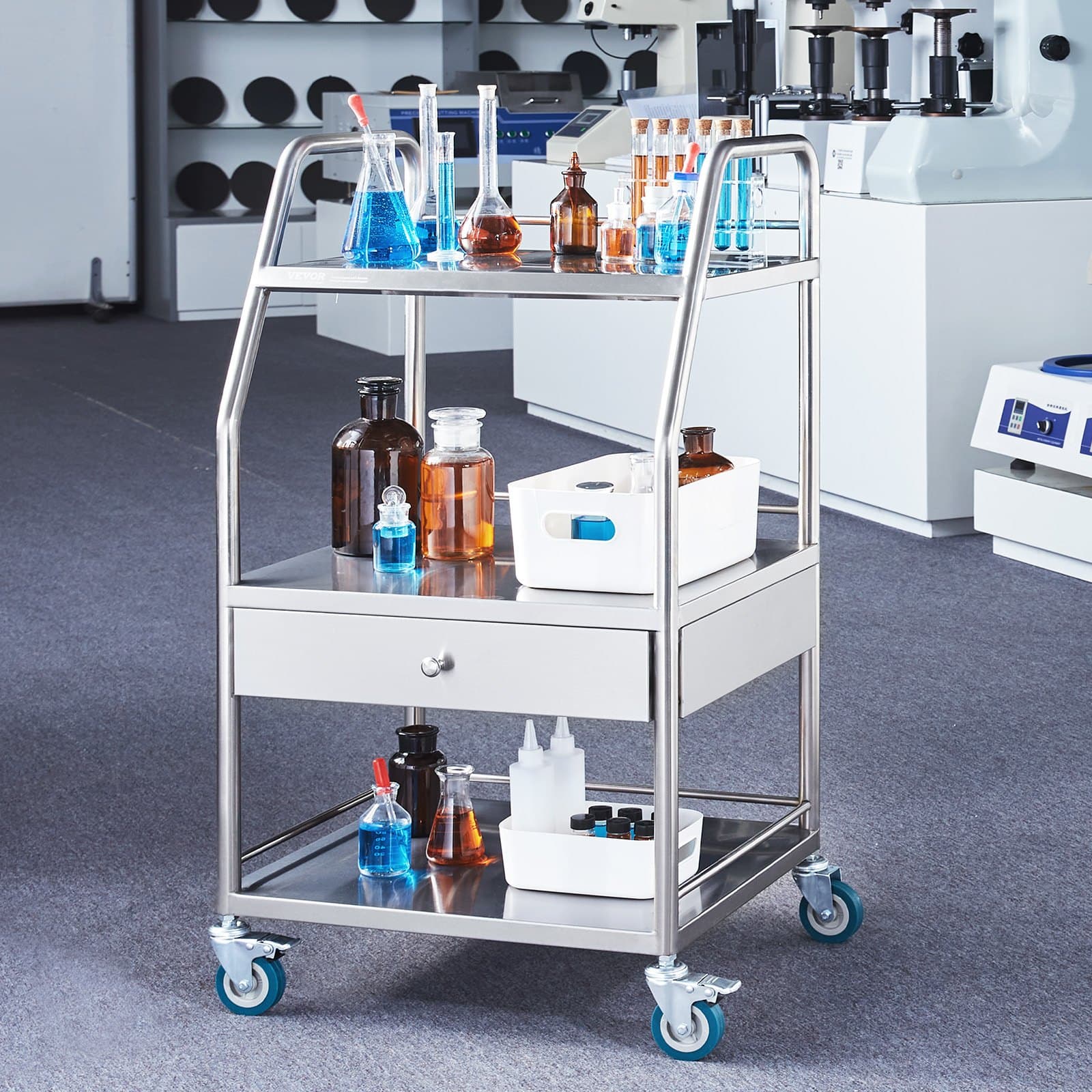 Laboratorní vozík, nástrojový vozík na kolečkách, 3vrstvý, z nerezové oceli, lékařský vozík se zásuvkou, stomatologický nástrojový vozík s uzamykatelnými kolečky, pro laboratoř, nemocnici, stomatologické použití