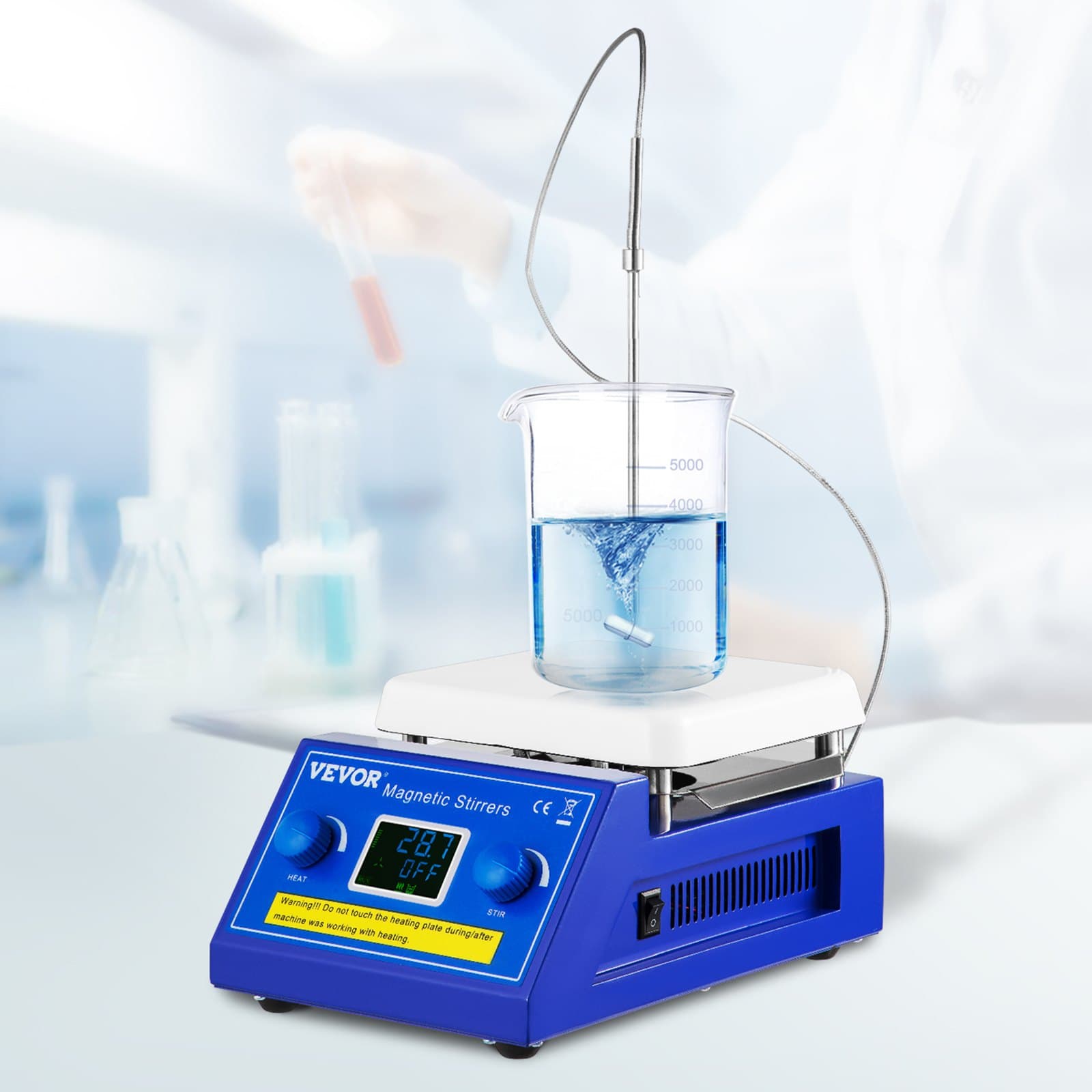 Magnetické míchadlo s topnou deskou, regulovatelná rychlost 200–2000 ot./min, velká míchací kapacita 5 l s LED displejem, laboratorní magnetické míchadlo s max. topnou teplotou 320 °C / 608 °F, pro ohřev a míchání laboratorních kapalin
