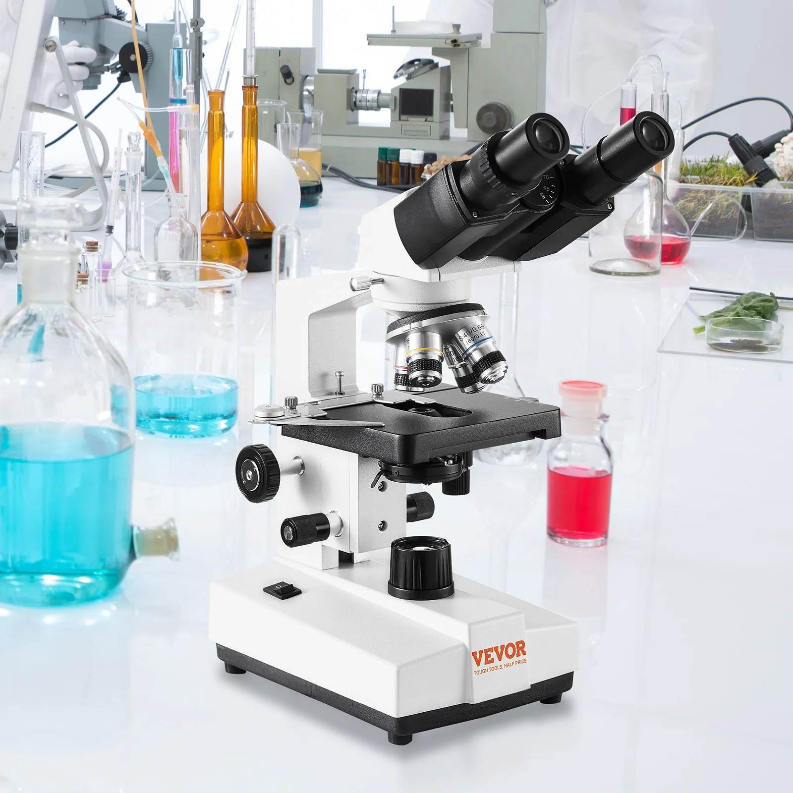 Binokulární složený mikroskop, zvětšení 40×–2500×, binokulární laboratorní složený mikroskop s LED osvětlením, dvouvrstvý mechanický stolek, včetně držáku na telefon a mikroskopických sklíček