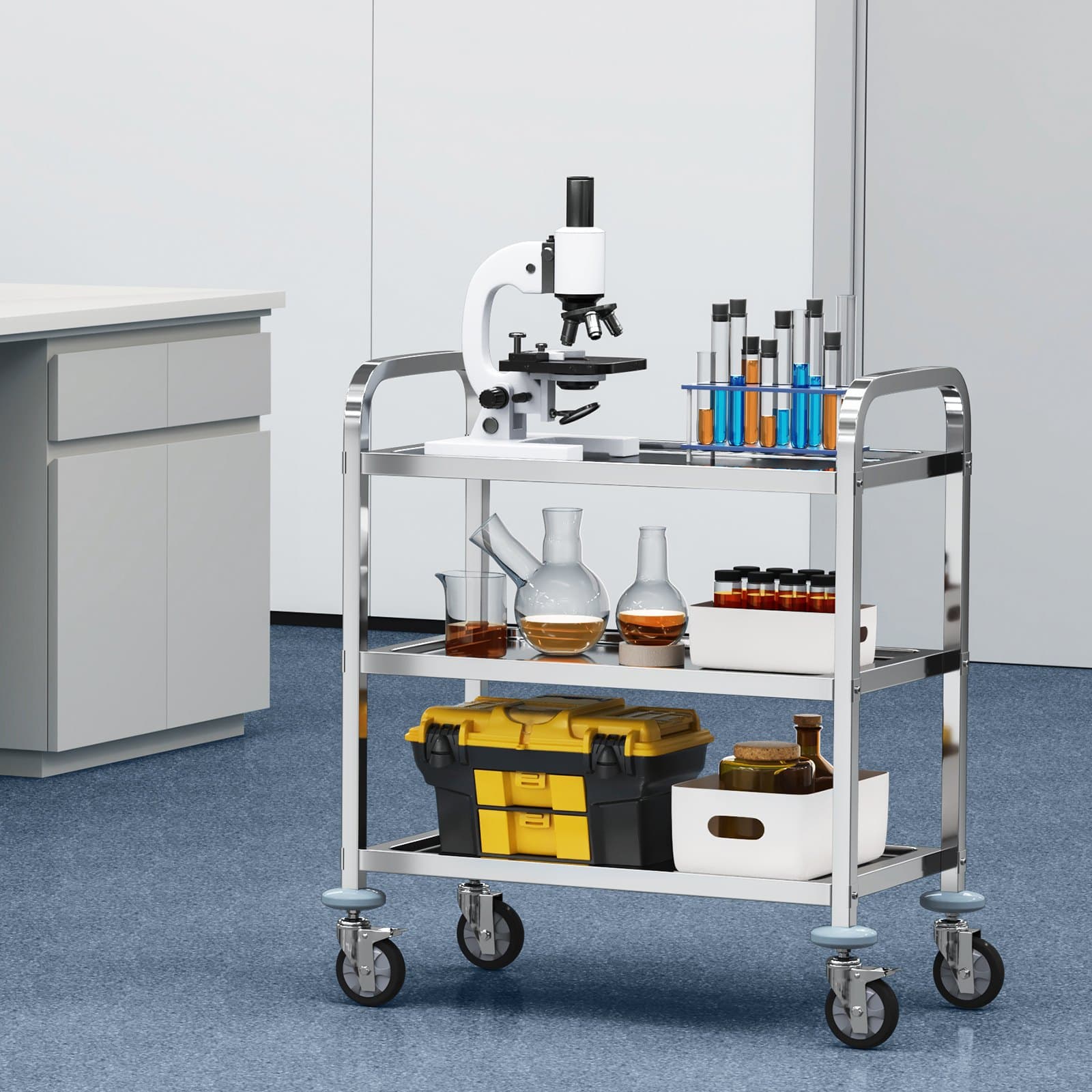 Nerezový vozík, 3vrstvý laboratorní vozík s nosností 181,4 kg, lékařský vozík s uzamykatelnými univerzálními kolečky, pro laboratoř, kliniku, kuchyni, salon