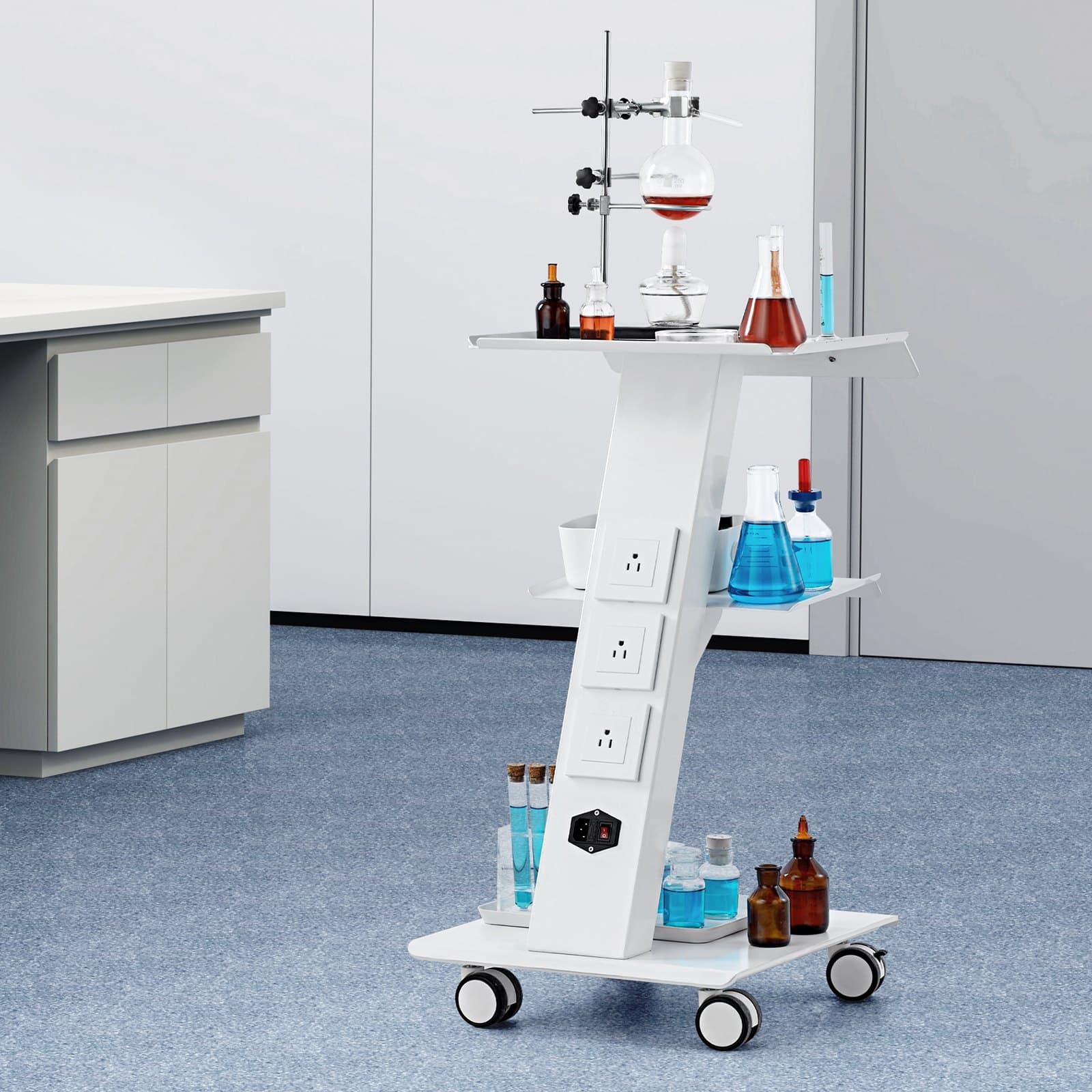 Laboratorní vozík, pojízdný laboratorní vozík se zabudovanou zásuvkou, 3vrstvý kovový pojízdný vozík, mobilní klinický vozík s podnosem a otočnými kolečky, nosnost 220 liber, pro laboratoř, kliniku, kosmetický salon a salon