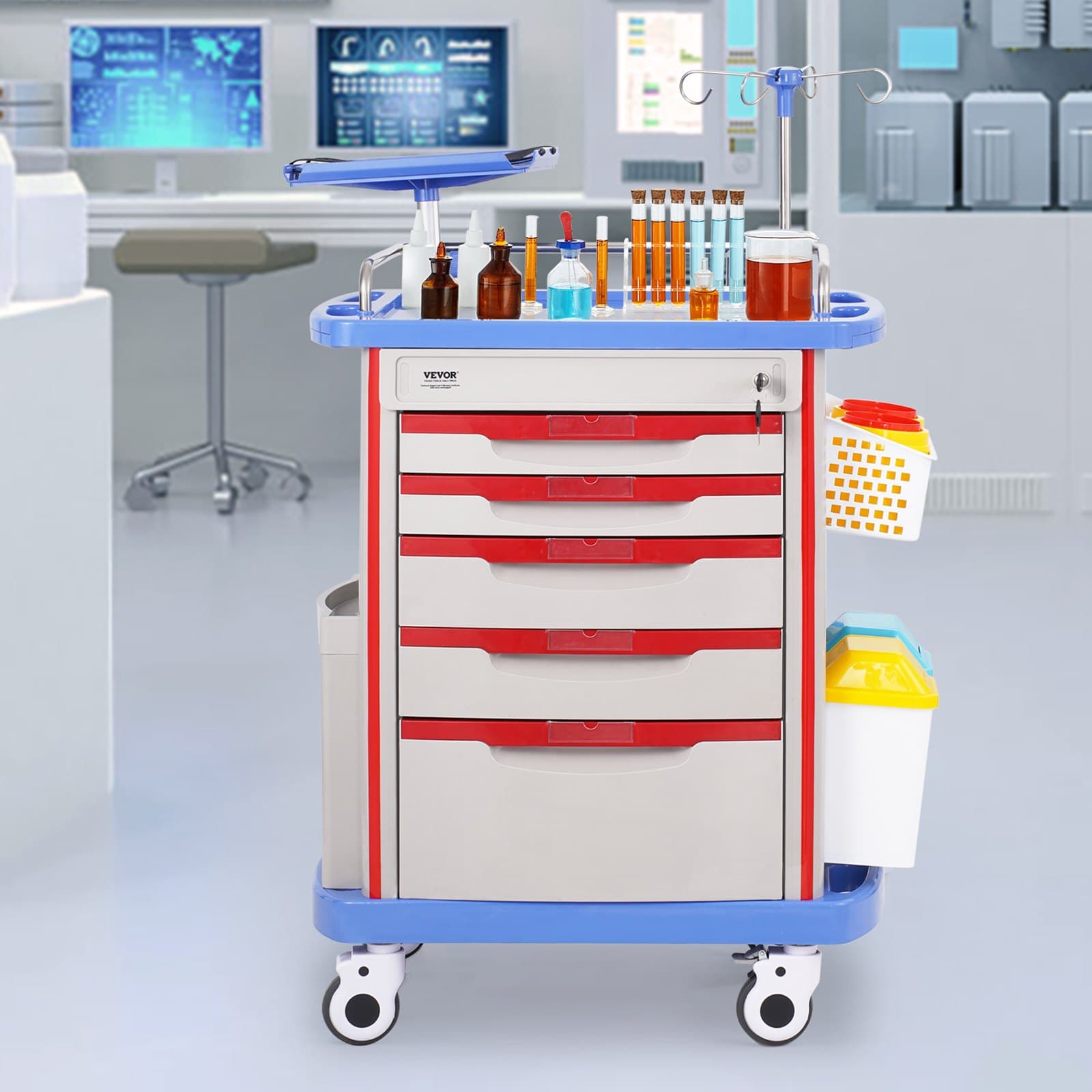 5úrovňové laboratorní vozíky, laboratorní vozík s 5 zásuvkami a 4 tichými kolečky, mobilní lékařský vozík z materiálu PP, pojízdný laboratorní vozík se 2 odpadkovými koši pro laboratoř, kliniku, nemocnici, salon, modrý