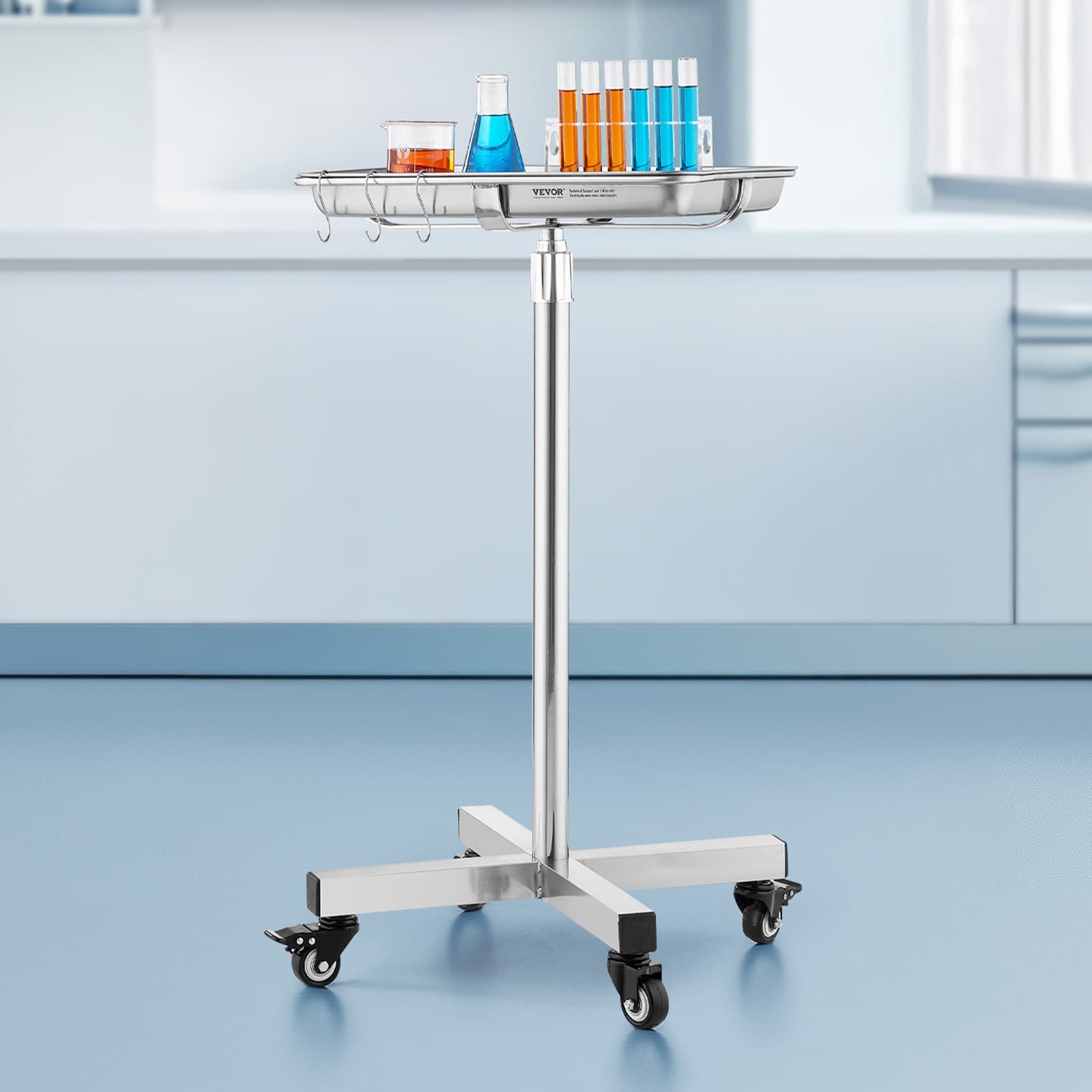 Mayo stojan, tác na Mayo z nerezové oceli, nosnost do 16,9 kg, nastavitelná výška 64,7 cm–99,8 cm, lékařský tác na kolečkách s vyjímatelným tácem pro spa, salon, kliniku a ordinaci péče o tělo