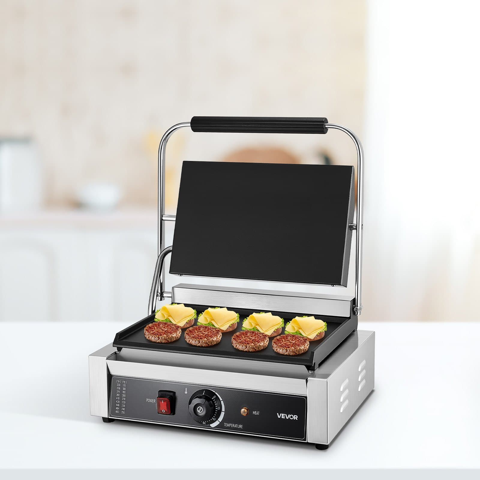 Komerční panini gril, elektrický kontaktní gril 2200 W, nerezový gril s rukojetí a regulací teploty, hladká smaltovaná deska 34 x 23 cm, pro hamburgery, steaky a slaninu