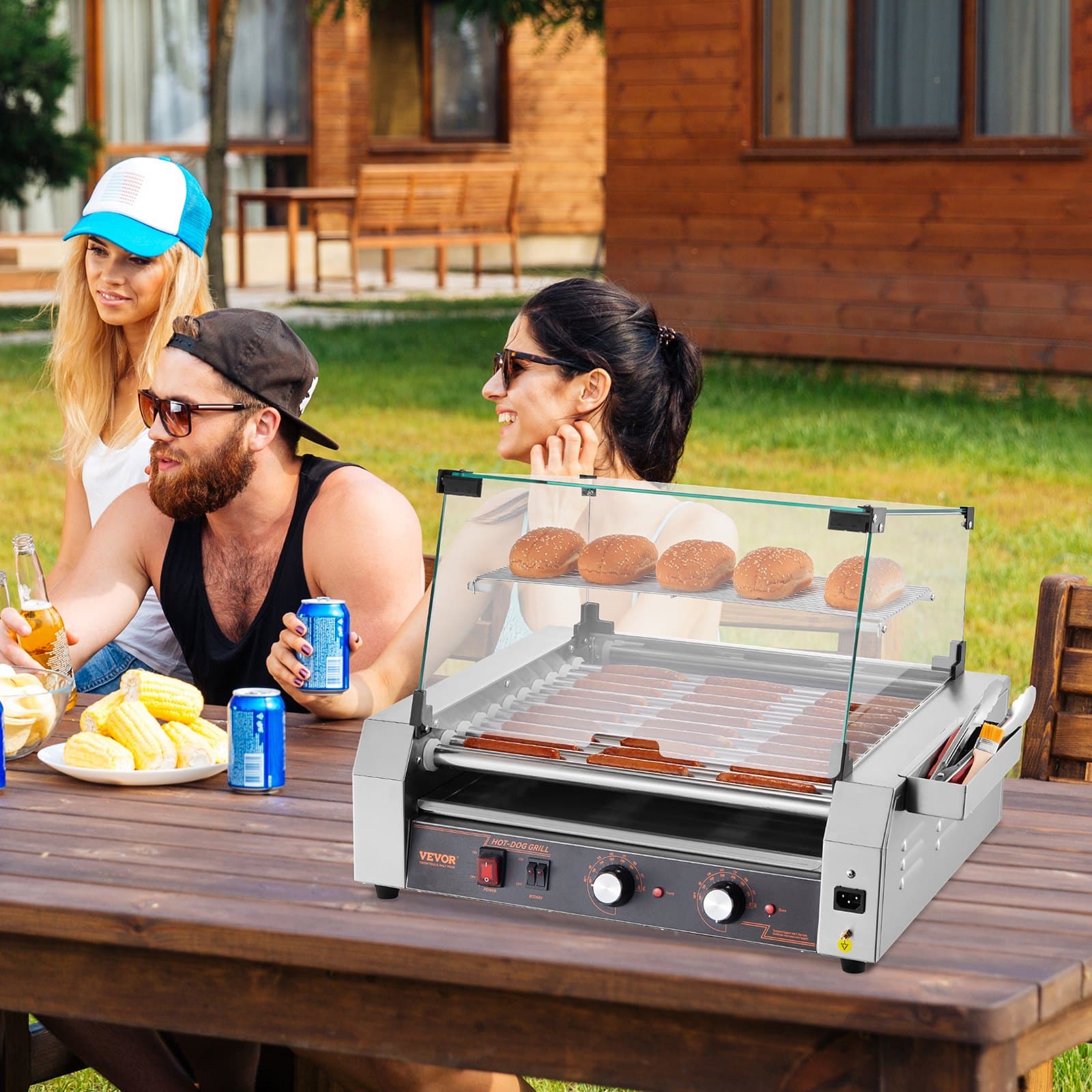 Válečkový gril na hot dogy, 30 párků, 11 válečků, nerezový gril na párky, komerční stroj na hot dogy 2200 W s dvojitou regulací teploty, kryt, boční úložný prostor, vyjímatelná mřížka a odkapávací miska na olej