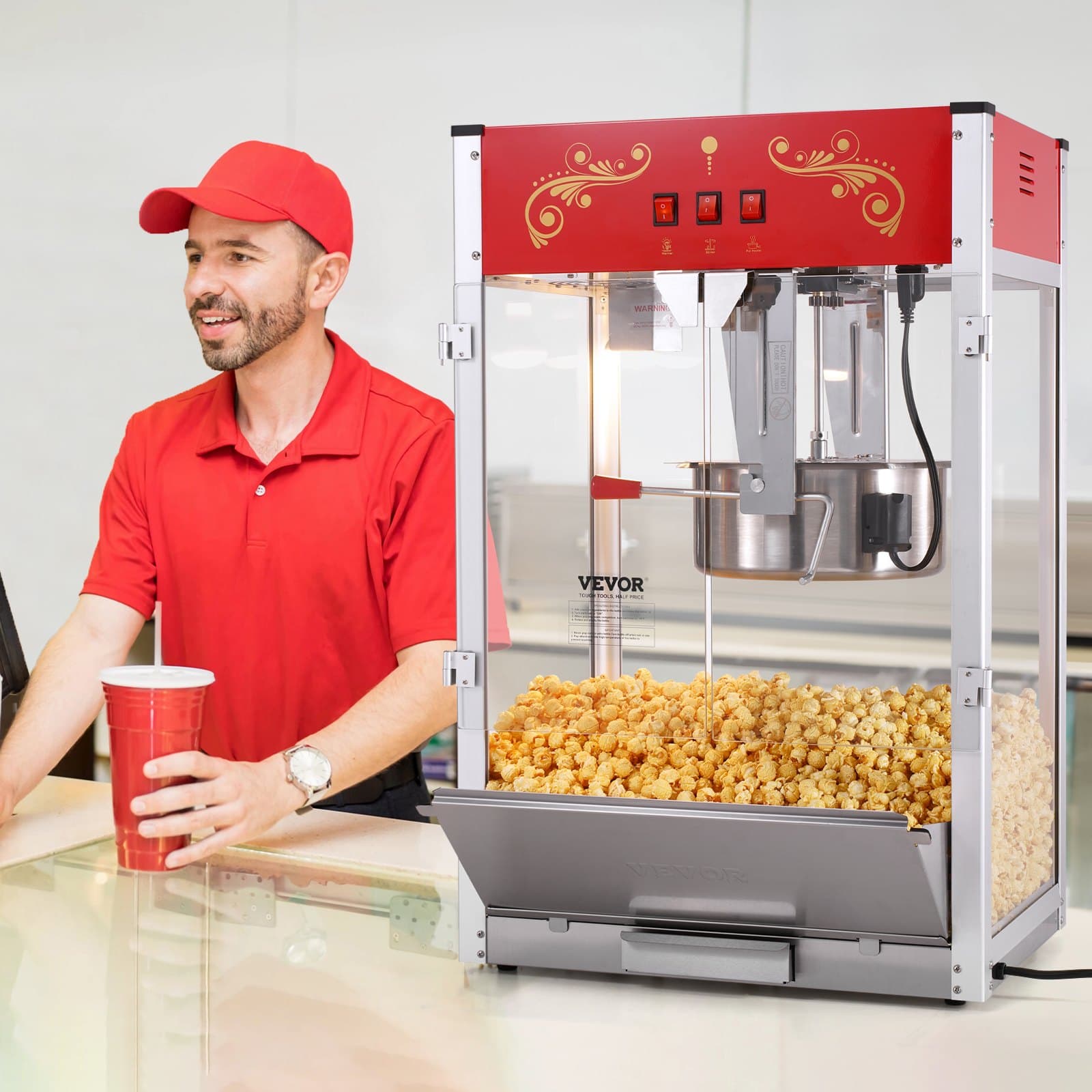 Popcornovač 1615 W, kotlík 16 uncí, velká kapacita, stolní popcornovač se sklem z tvrzeného skla, obsahuje 3 nerezové lžíce, v kinovém stylu, červený