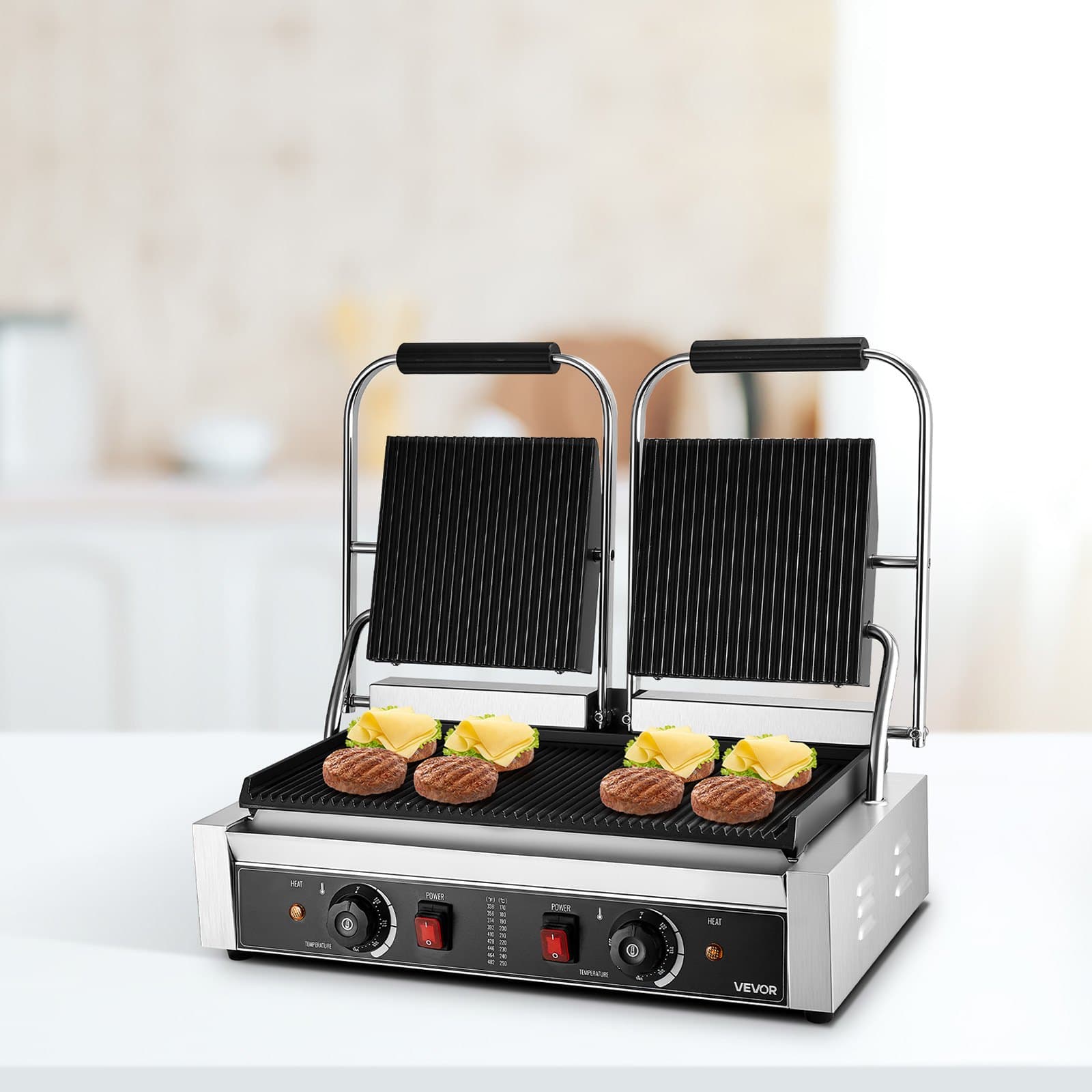 Komerční panini gril, elektrický kontaktní gril na sendviče 3600 W, dvojitý lis z nerezové oceli, regulace teploty grilu, 48 x 23 cm, plně žebrovaná smaltovaná deska, pro steaky, hamburgery a slaninu