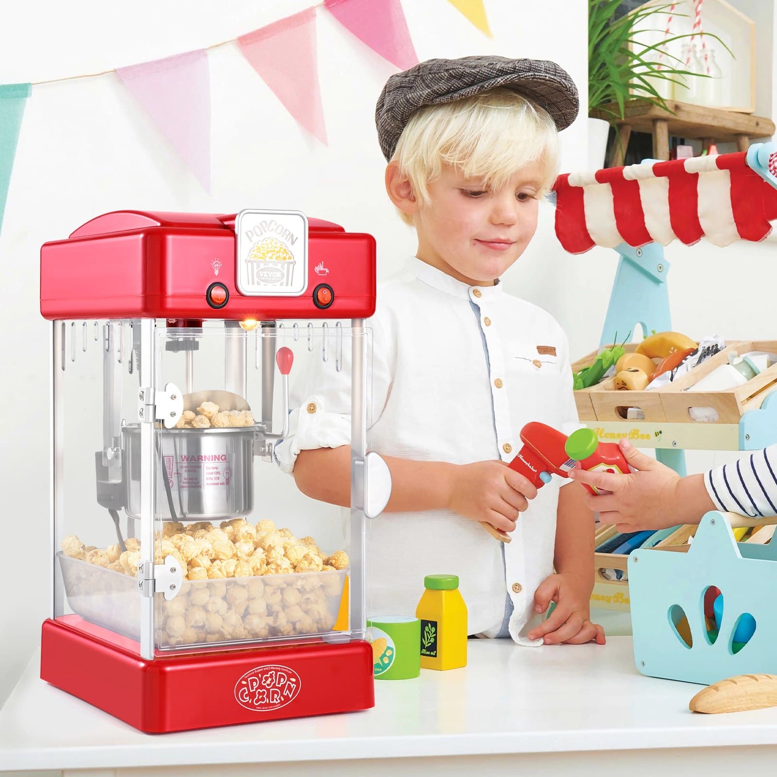 Popcornovač 300 W, kotlík 2,5 uncí, vyrobí 4 kvarty na dávku, stolní popcornovač s PP dvířky, obsahuje 2 ovládací knoflíky a tác, v kinovém stylu, červený