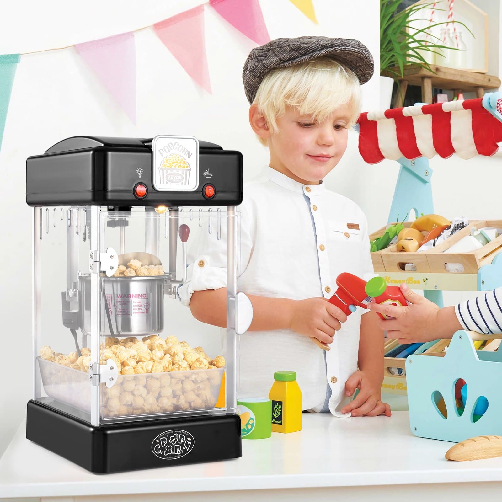 Popcornovač 300 W, kotlík 2,5 uncí, vyrobí 4 kvarty na dávku, stolní popcornovač s PP dvířky, obsahuje 2 ovládací knoflíky a tác, v kinovém stylu, černý