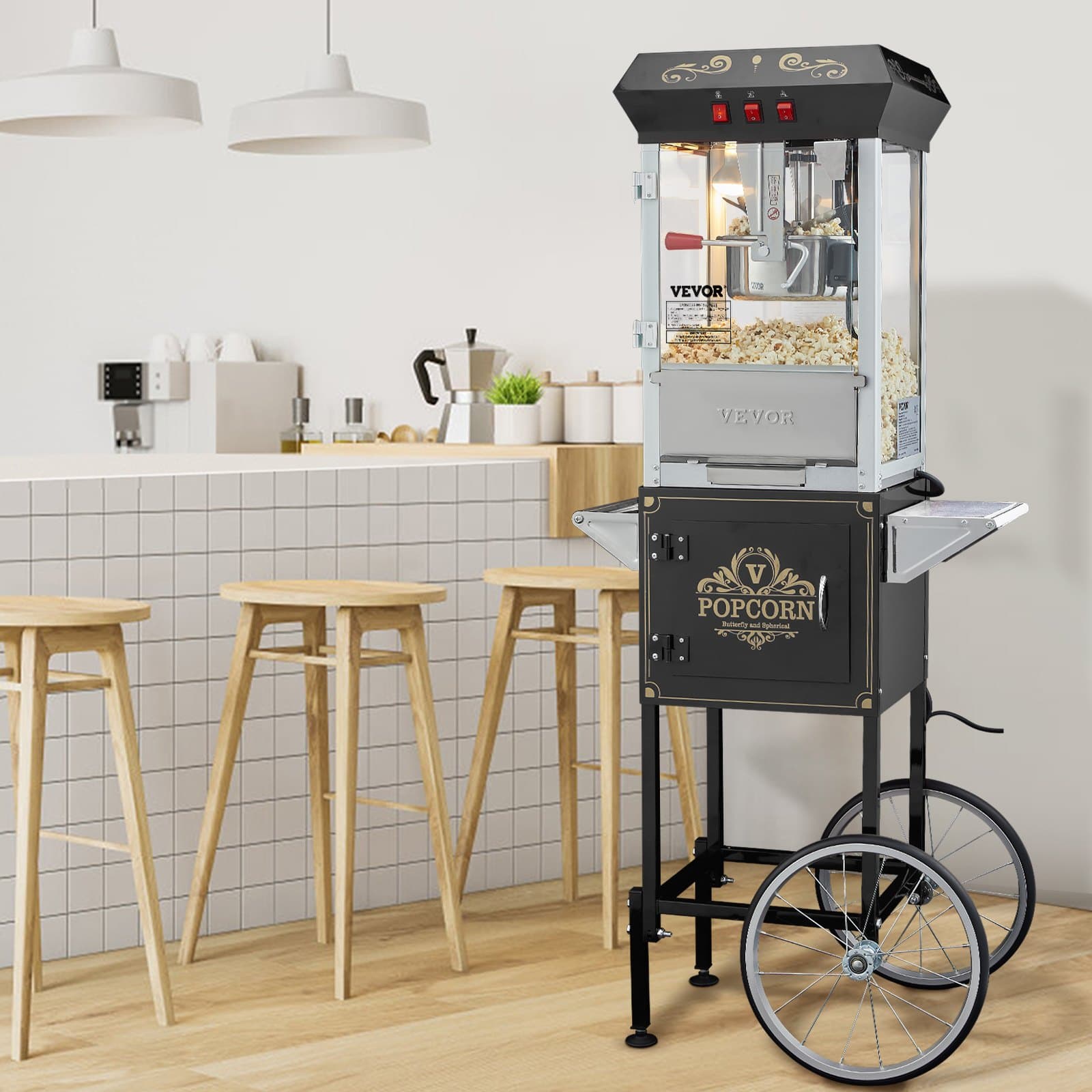 Popcornovač s vozíkem, 850 W, kotlík 8 uncí, připraví 48 šálků na dávku, popcornovač s tvrzeným sklem, obsahuje 4 ovládací knoflíky, v kinovém stylu, černý
