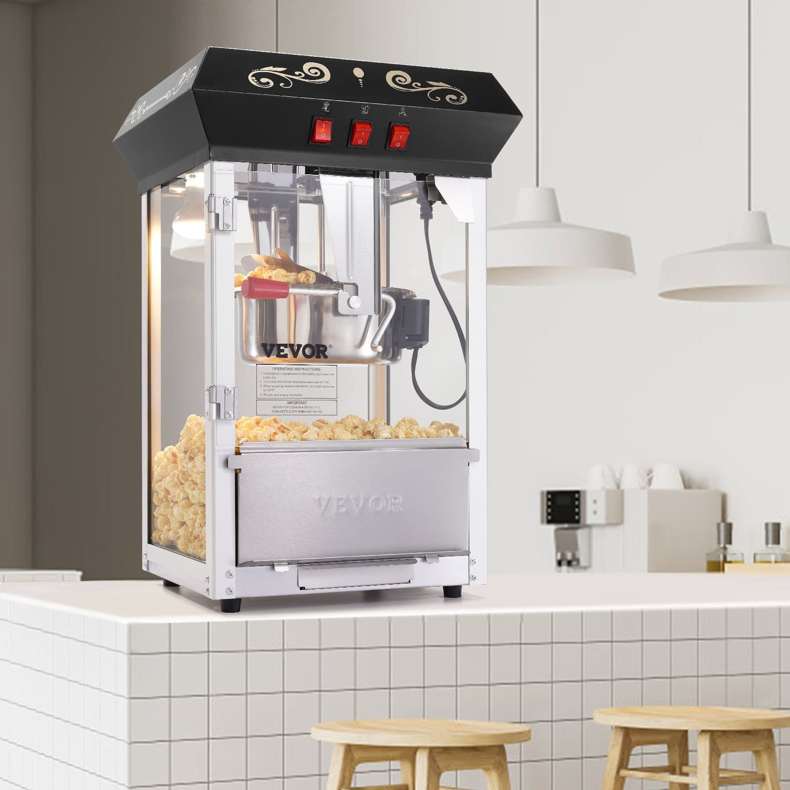 Popcornovač 850 W, kotlík 8 uncí, připraví 48 šálků na dávku, stolní popcornovač se sklem z tvrzeného skla, obsahuje 4 ovládací knoflíky, v kinovém stylu, černý