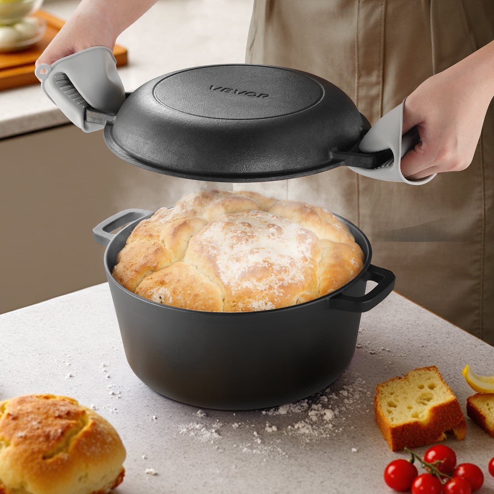 Litinový dutch oven 2 v 1, předpřipravený hrnec s víkem, pánev 4,7 l s košem na kynutí, příslušenství pro pečení chleba, kompatibilní s chlebovou troubou do 260 ℃