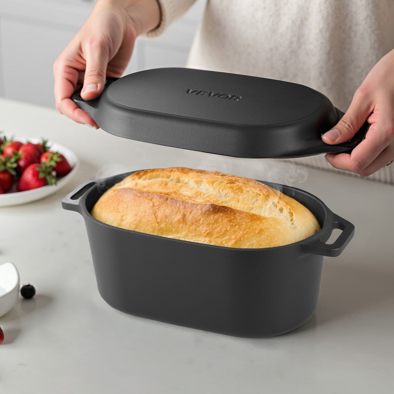 Smaltovaný litinový hrnec 3,3 l s víkem a dvěma držadly, odolný hrnec na vaření, kompatibilní s indukční troubou do 260 °C, na dušení, guláše, pečení a pečení chleba, černý