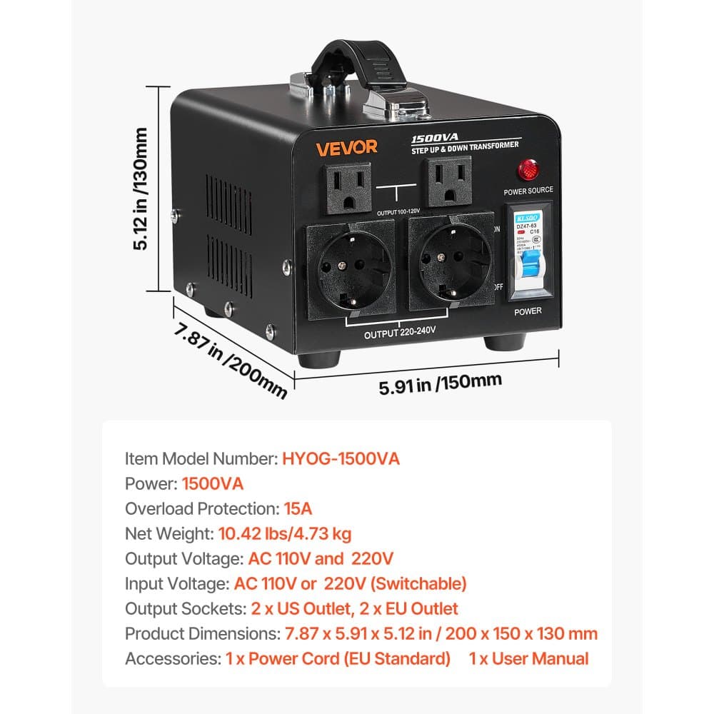 Napěťový transformátor 1500 VA, odolný step‑up/step‑down transformátor, konvertuje 110 V na 220 V a 220 V na 110 V, s americkými a evropskými zásuvkami, napájecím kabelem a přepěťovým/vypínačem proti přetížení