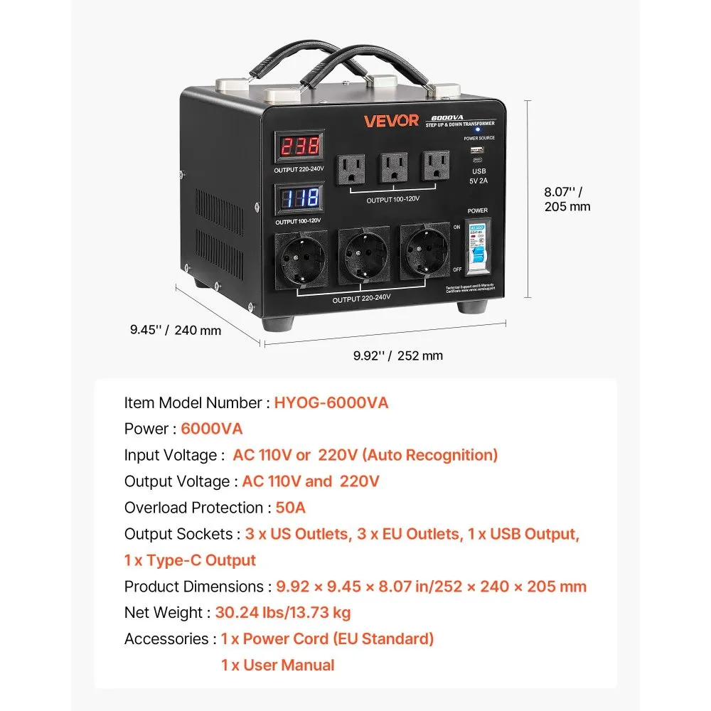 Automatický napěťový měnič 6000 VA, odolný step‑up/step‑down transformátor, 110 V na 220 V a 220 V na 110 V, se 3 americkými zásuvkami, 3 evropskými zásuvkami, LCD displejem a ochranou proti přetížení
