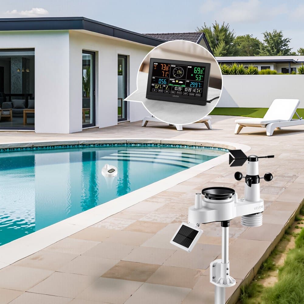 Wi‑Fi meteostanice 7 v 1 s aplikací, displej 190,5 mm, bezdrátový venkovní senzor solárně napájený, bazénový teploměr, dešťoměr, pro vnitřní i venkovní použití, pro předpověď počasí, rychlost větru a teplotu v bazénu