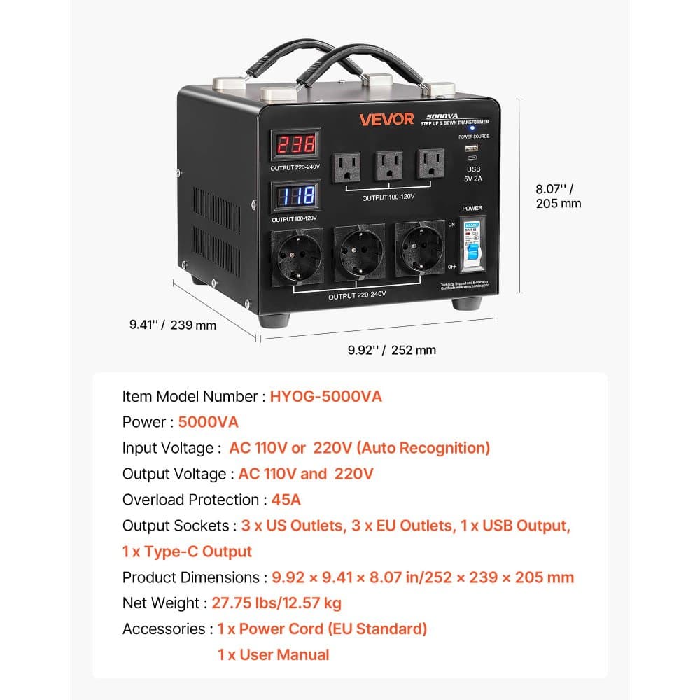 Automatický napěťový měnič 5000 VA, odolný step‑up/step‑down transformátor, 110 V na 220 V a 220 V na 110 V, se 3 americkými zásuvkami, 3 evropskými zásuvkami, LCD displejem a ochranou proti přetížení