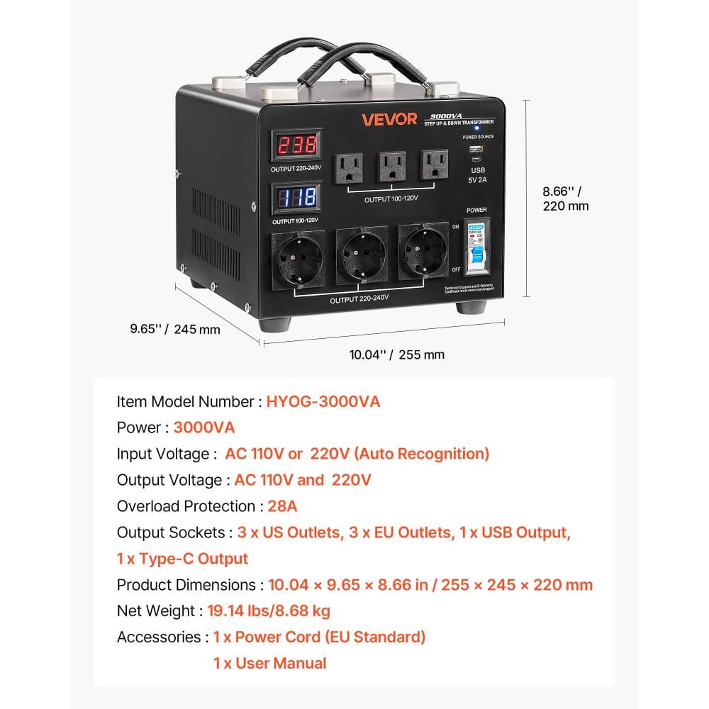 Automatický napěťový měnič 3000 VA, odolný step‑up/step‑down transformátor, 110 V na 220 V a 220 V na 110 V, se 3 americkými zásuvkami, 3 evropskými zásuvkami, LCD displejem a ochranou proti přetížení