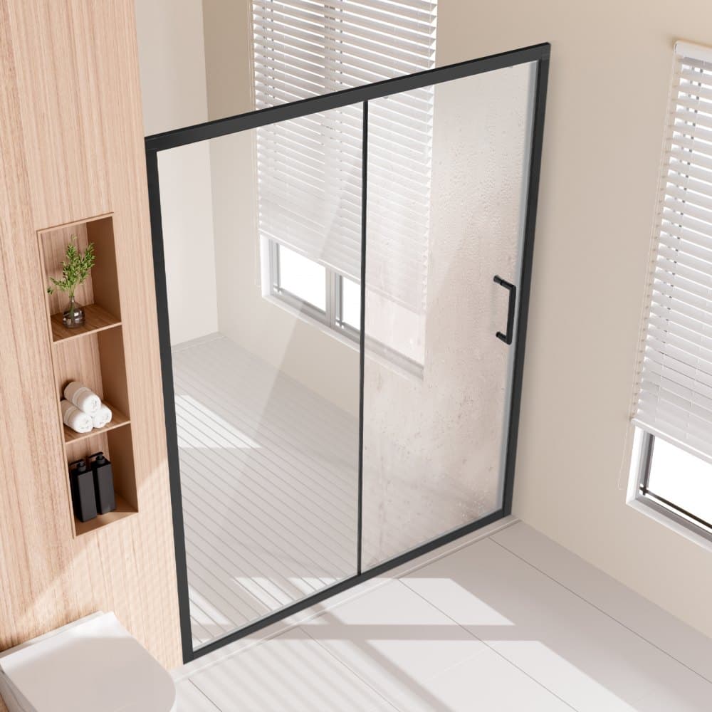 Půlrámové sprchové dveře, 57,7–59" šířka x 70" výška, posuvné skleněné sprchové dveře s průhledným tvrzeným sklem o tloušťce 6 mm (1/4"), vodotěsné, odolné proti rozbití a skvrnám, se ocelovým kování, matná černá