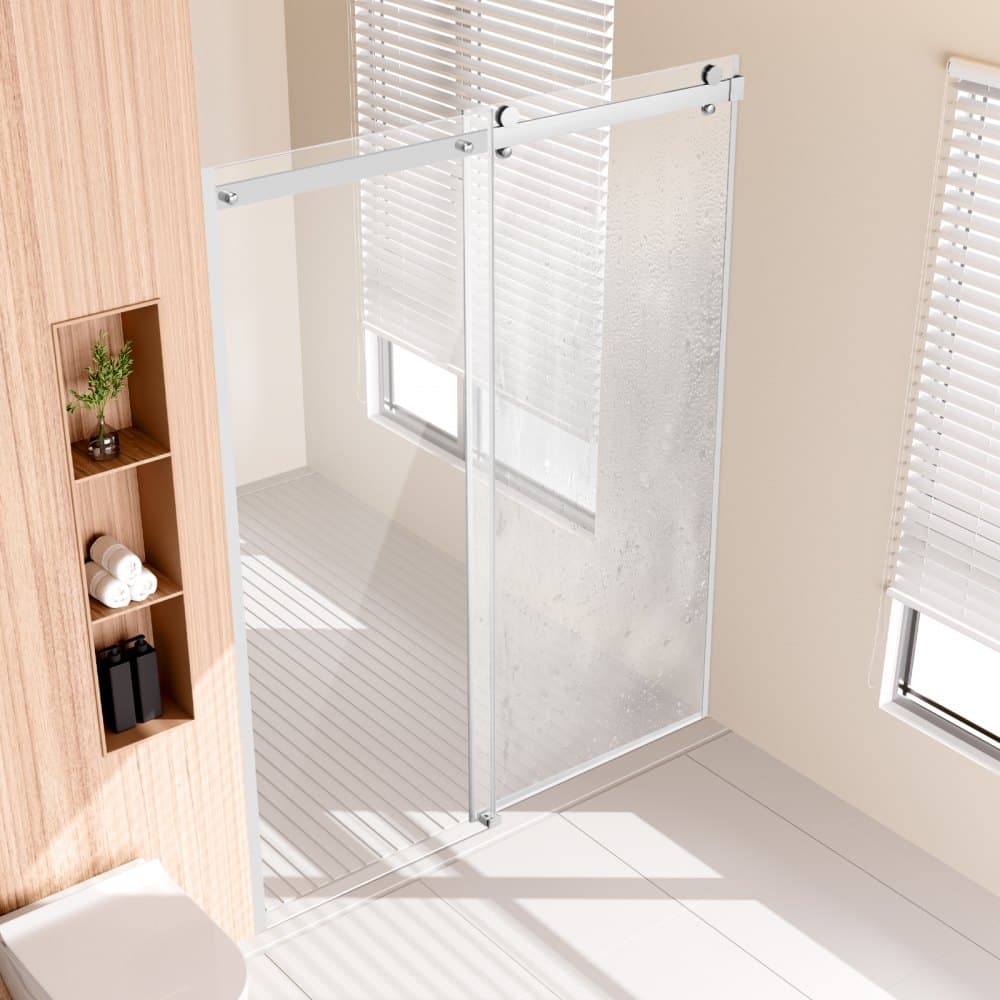 Bezrámové sprchové dveře, šířka 58–59" x výška 75", posuvné sprchové dveře z tvrzeného skla SGCC o tloušťce 5/16" (8 mm), vodotěsné, odolné proti rozbití, odolné proti skvrnám NANO, se ocelovým kování, chromované