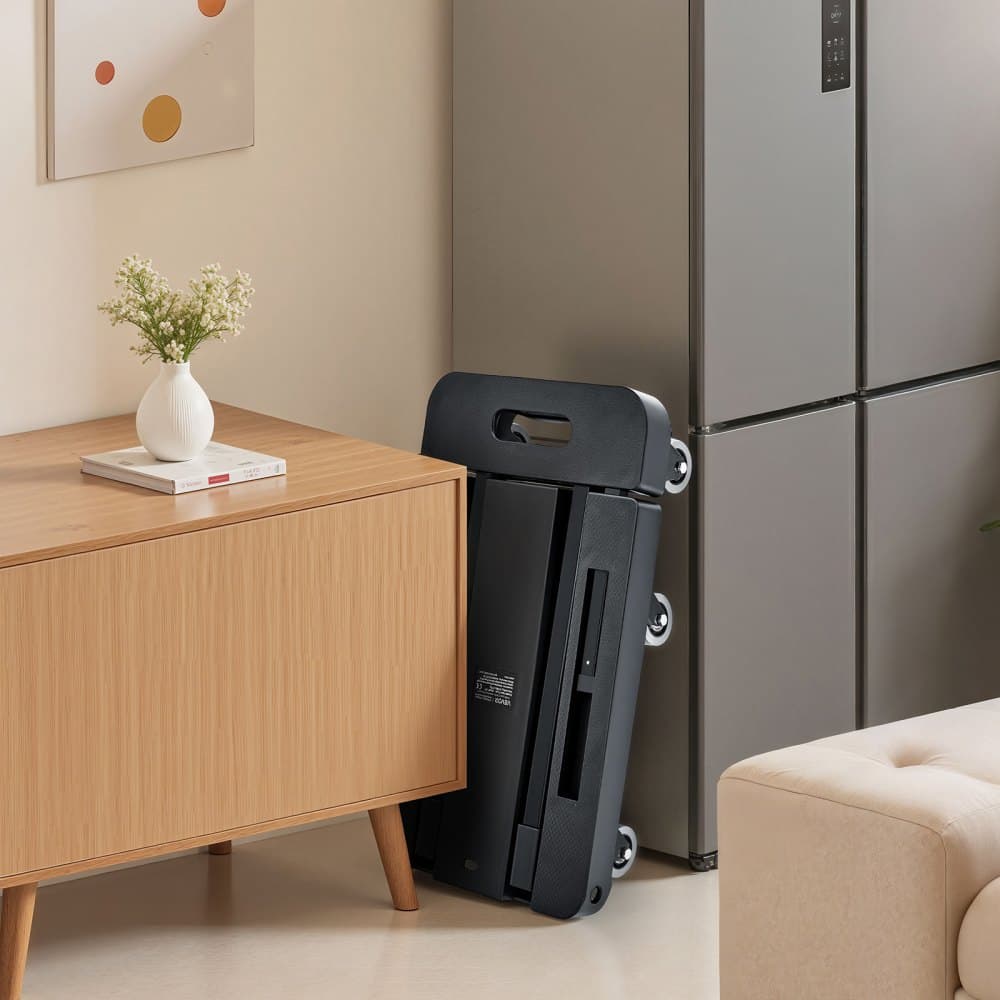 Skládací ruční vozík, nosnost 226,8 kg, skládací vozík na zavazadla se 6 koly, 2 elastickými lany a rozšiřitelnou základnou, užitkový plošinový vozík pro stěhování zavazadel na letišti, do kanceláře, černý