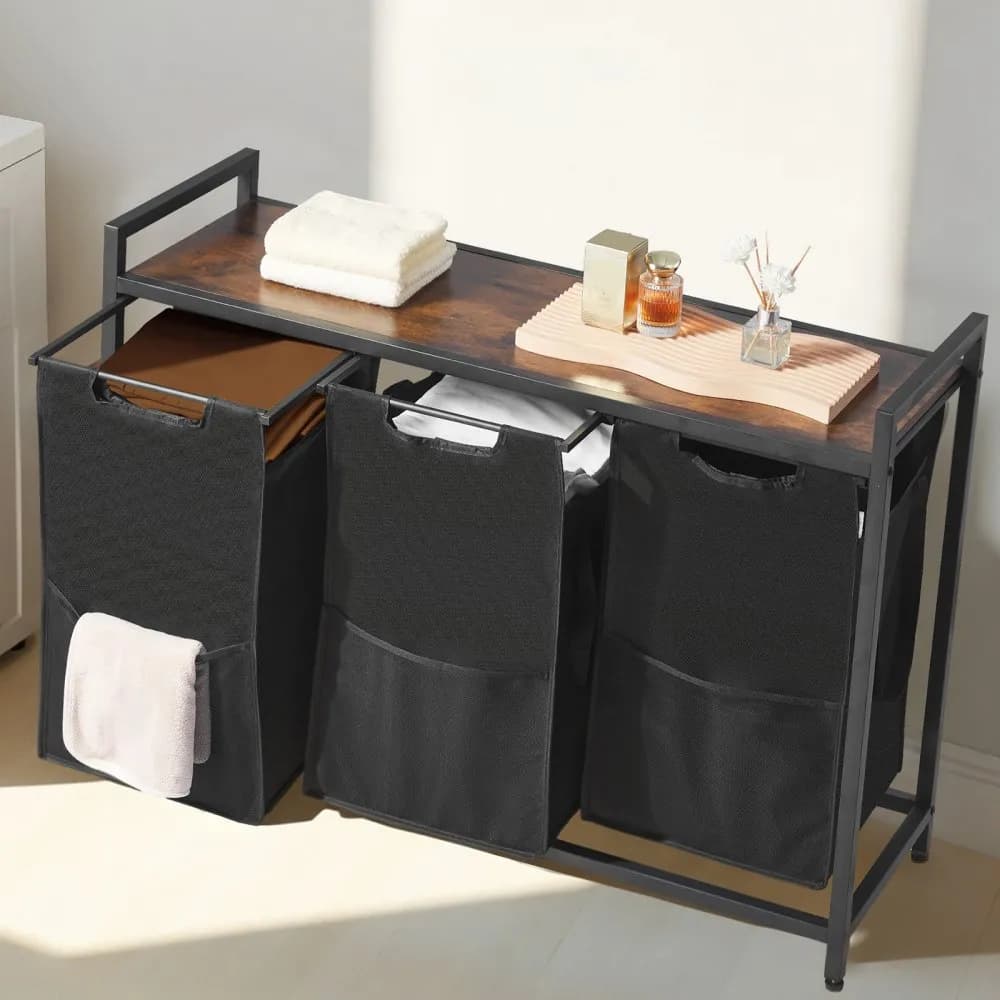 3dílný třídič prádla, velký koš na prádlo s kovovým rámem a dřevěnou deskou, volně stojící úložné koše s výsuvnými sáčky z oxfordské látky 600D na špinavé prádlo, koupelna