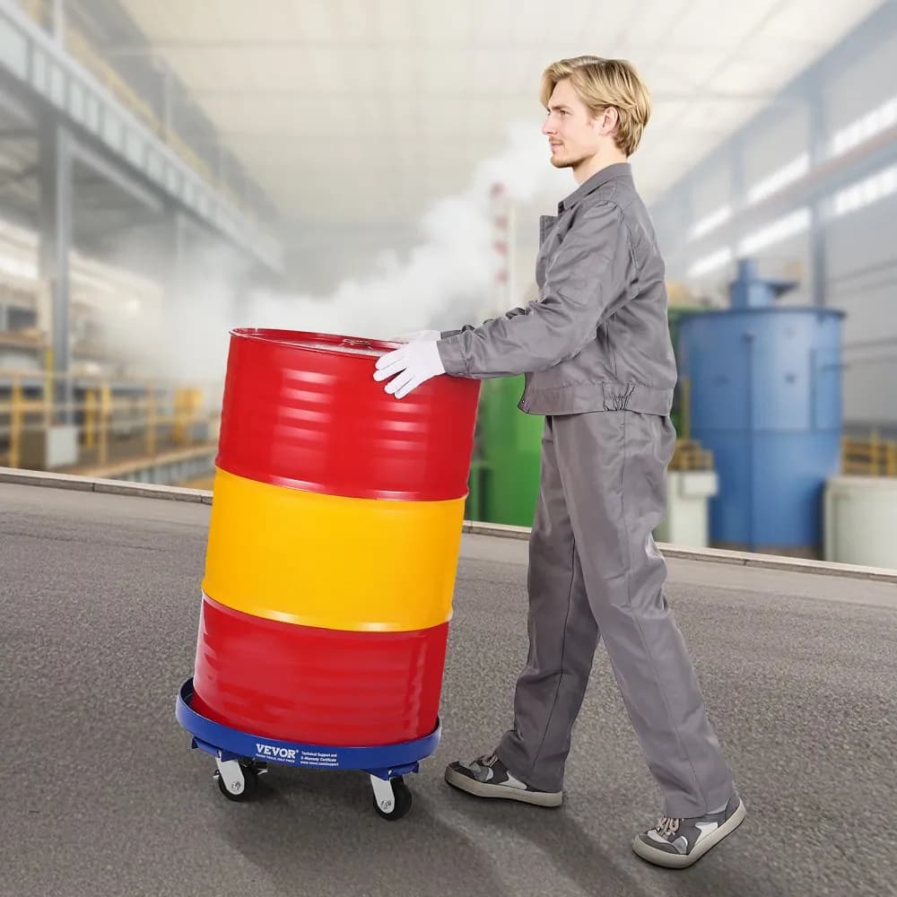 Vozík na sudy o objemu 55 galonů, nosnost 2000 liber, těžký vozík na sudy s křížovými výztuhami a 4 otočnými kolečky, nepřeklápěcí ruční vozíky s nosností pro manipulaci s sudy ve skladu, modrý