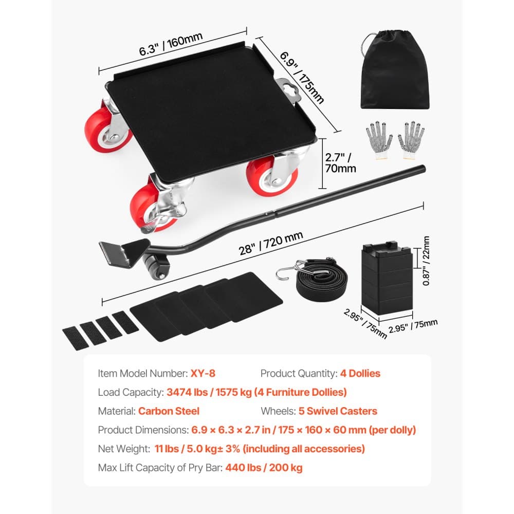 Nábytkový vozík, maximální nosnost 1674 kg, vysoce odolný stěhovací vozík s 5 kolečky otočnými o 360°, panel z uhlíkové oceli, sada nářadí pro posuvné zvedáky nábytku, spotřebiče, pohovku, ledničku, pračku