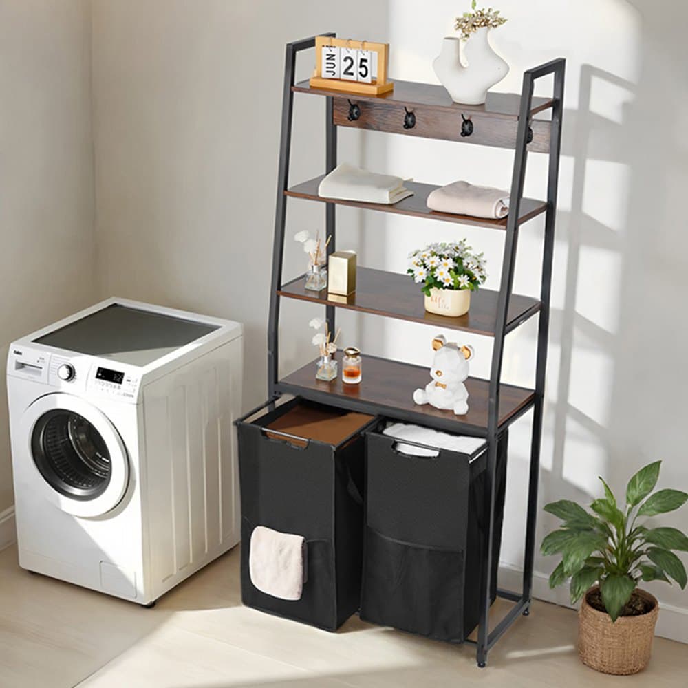 4patrový třídič prádla, vysoký koš na prádlo s policemi a háčky, 2dílný volně stojící organizér na koše s pytli z oxfordské látky 600D a žebříkovými policemi na špinavé prádlo, koupelna