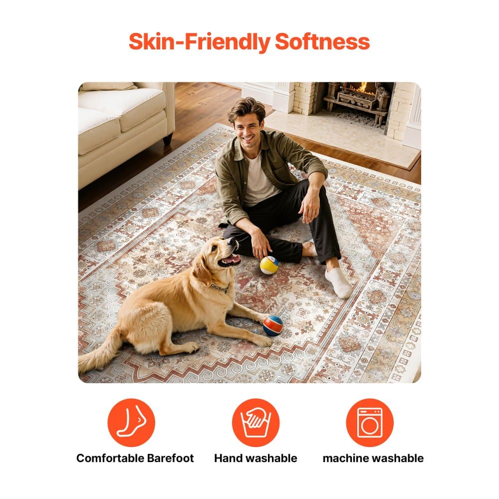 Koberec, velký pratelný koberec 9 x 12 stop, protiskluzový a odolný proti roztržení měkký koberec, vintage koberce vhodné pro domácí mazlíčky a děti, rohožka do ložnice, obývacího pokoje, dětského pokoje, kanceláře, hnědočervený