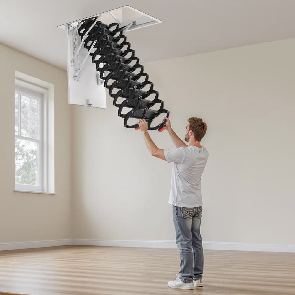 Půdní schod, nosnost 299,4 kg, vhodný pro výšku stropu 3,1 až 3,3 m a rozměry otvoru 96,4 x 73,5 cm, zatahovací stropní schod z legované oceli s tažnou tyčí pro střechu půdy