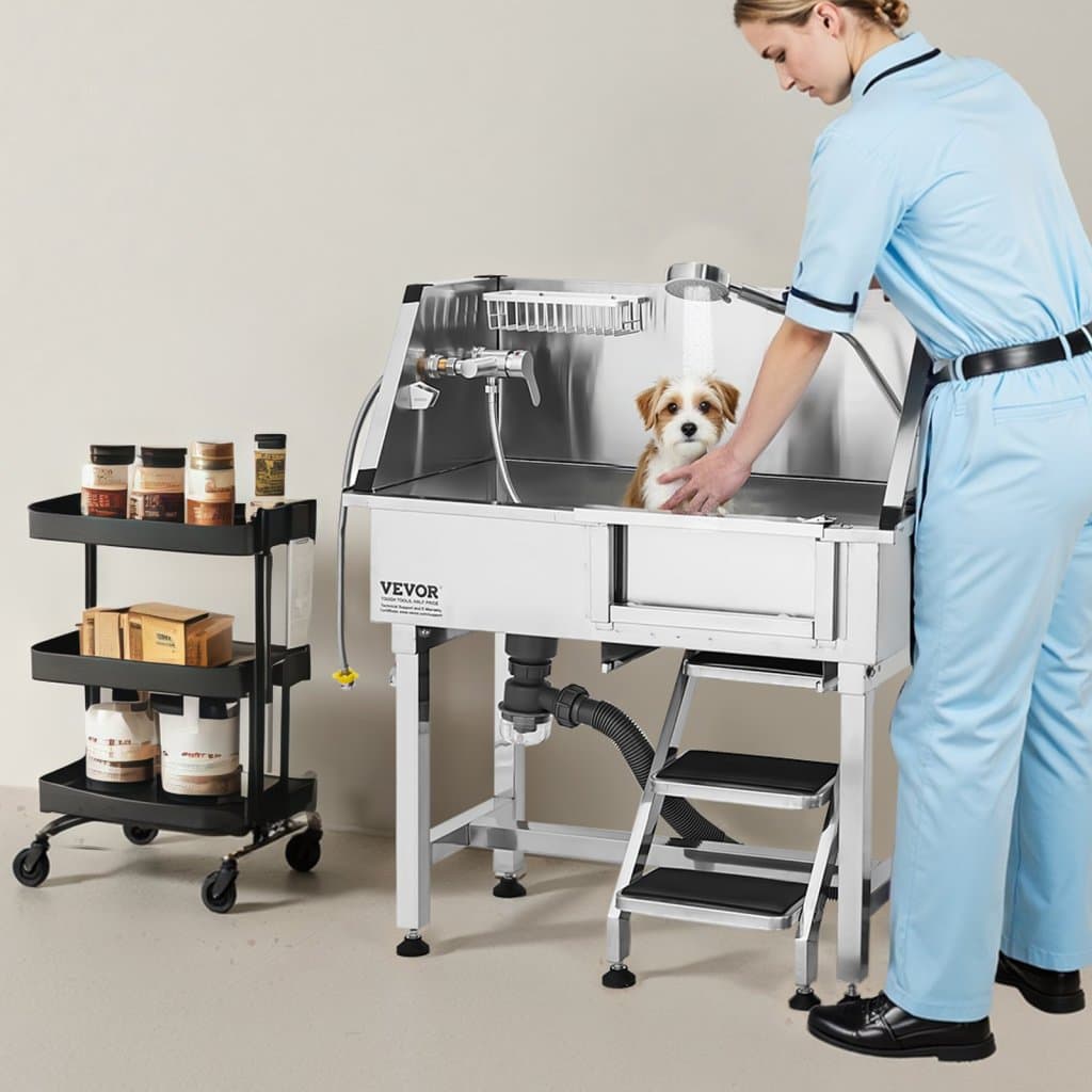 86,4 cm ocelová vana pro péči o psy se schody a kohoutkem, sprchovou hlavicí