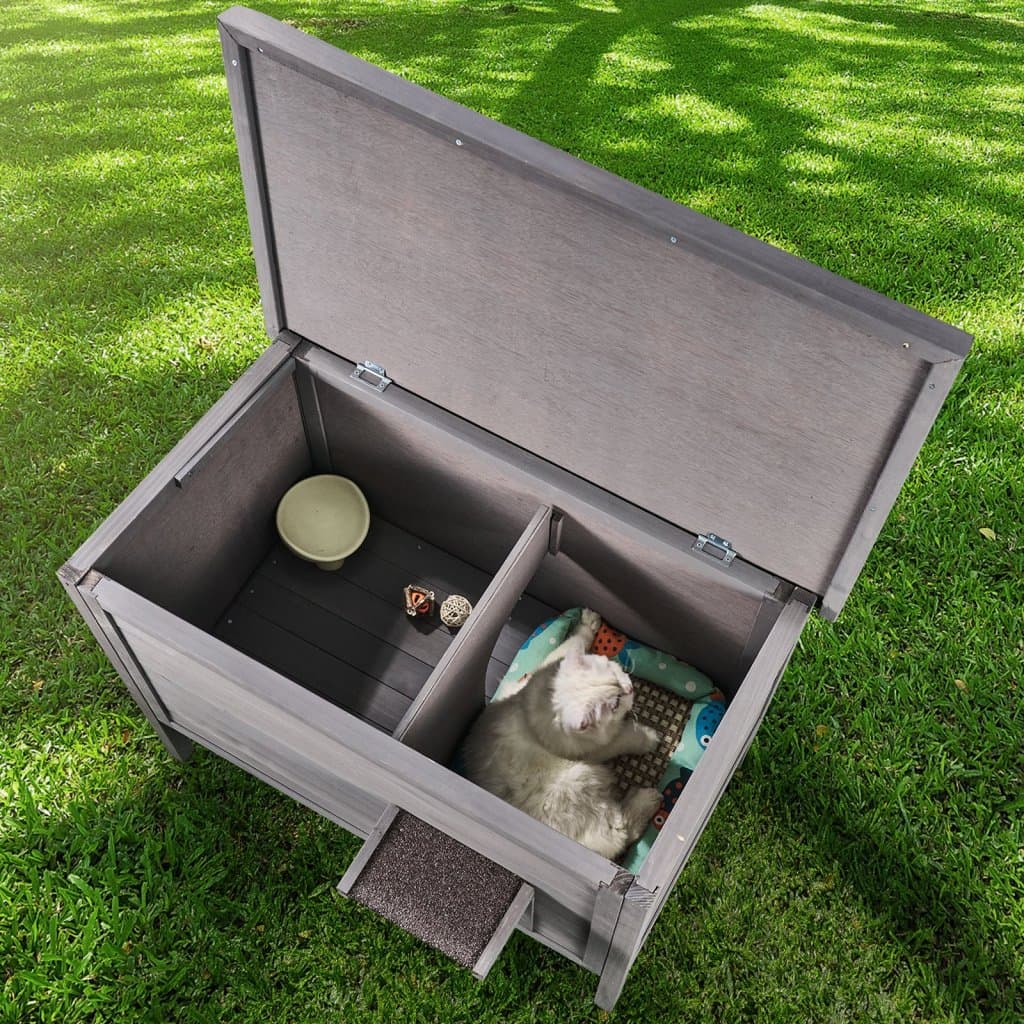 Venkovní domek pro kočky, dřevěné útočiště pro volně žijící kočky se střechou a PVC dveřmi