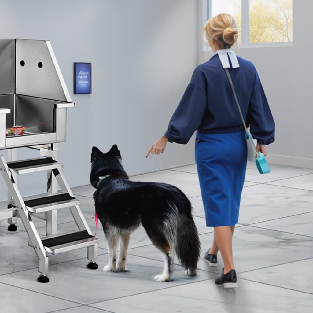 Koupací stanice pro psy 864 mm s rampou, profesionální nerezová vana pro péči o psy s úložným prostorem, kohoutkem, bohatým vybavením, vana pro velká, střední a malá zvířata, domácí dřez (vpravo)