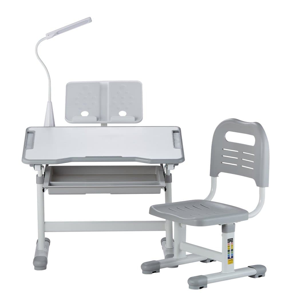 Dětská židle a stůl, stolní lampa, nastavitelná výška a sklon, šedá
