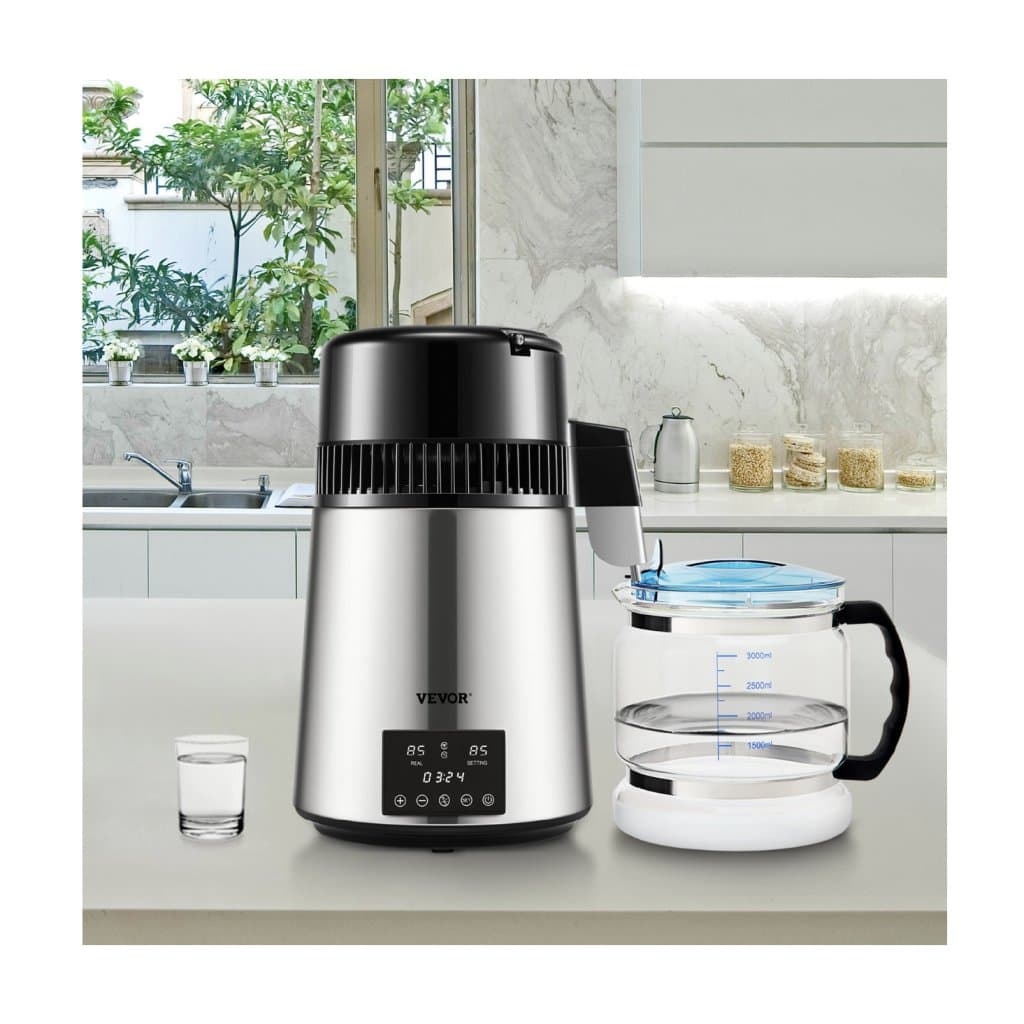 Destilátor vody 1 L/h, 4L generátor destilované vody s časovačem 0–99 h, 750 W stolní čistička vody s displejem Dual Temp, čisticí prášek na skleněný džbán, 3 uhlíkové vložky, schváleno FDA, stříbrný