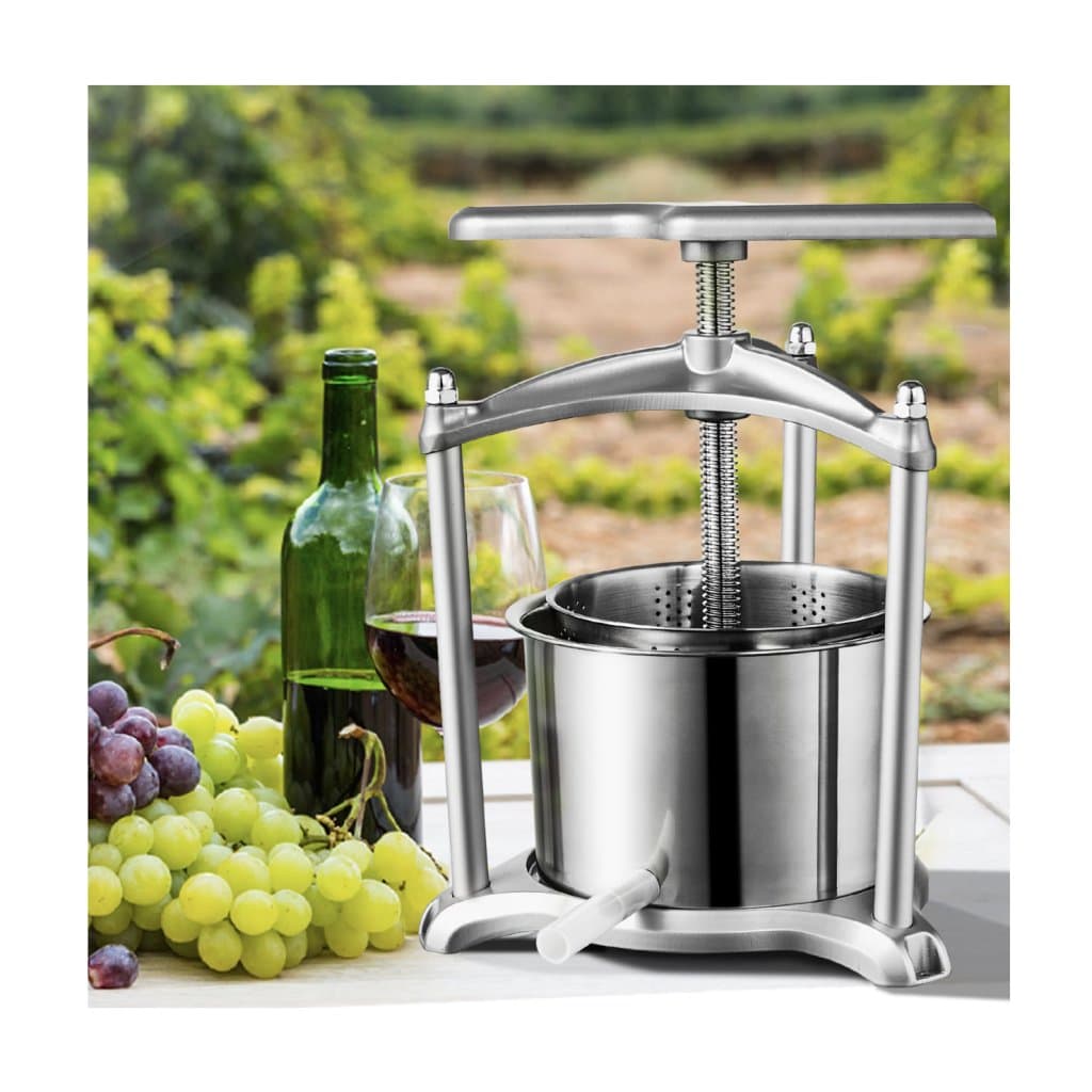 Lis na ovoce 1,6 gal/6 l, 2 nerezové sudy, ruční lis na šťávu – cider, jablka, hrozny, likéry, rostlinný med; lis na olivový olej s T-rukojetí, trojúhelníková konstrukce pro kuchyň