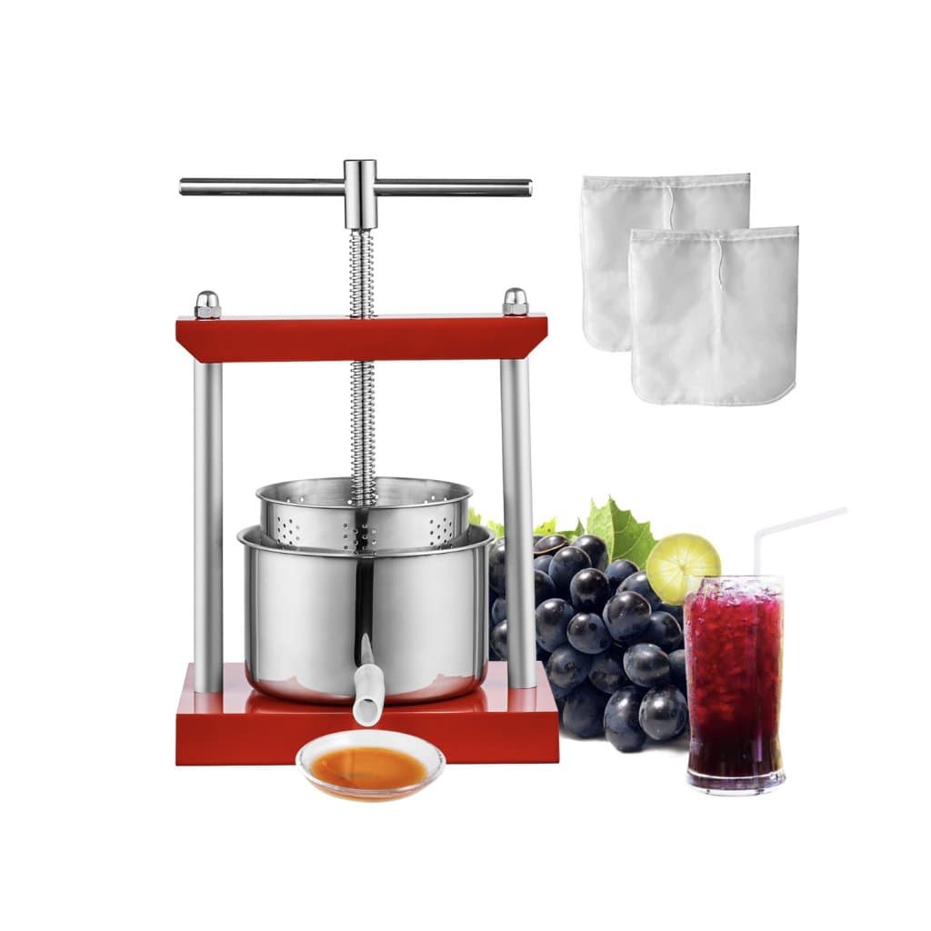 Lis na ovocné víno 1,6 gal/6 l, 2 nerezové sudy, ruční lis na šťávu – cider, jablka, hrozny, likéry, rostlinný med; lis na olivový olej s T-rukojetí pro venkovní použití, do kuchyně a domu