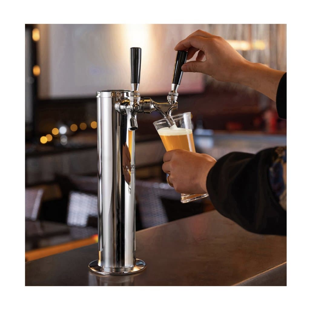 Sada věže kegerátoru, sada pro přestavbu na dva kohouty, stojan na sudy z nerezové oceli s dvojitým manometrem, regulátorem W21.8 a přípojkou S-System pro domácí párty