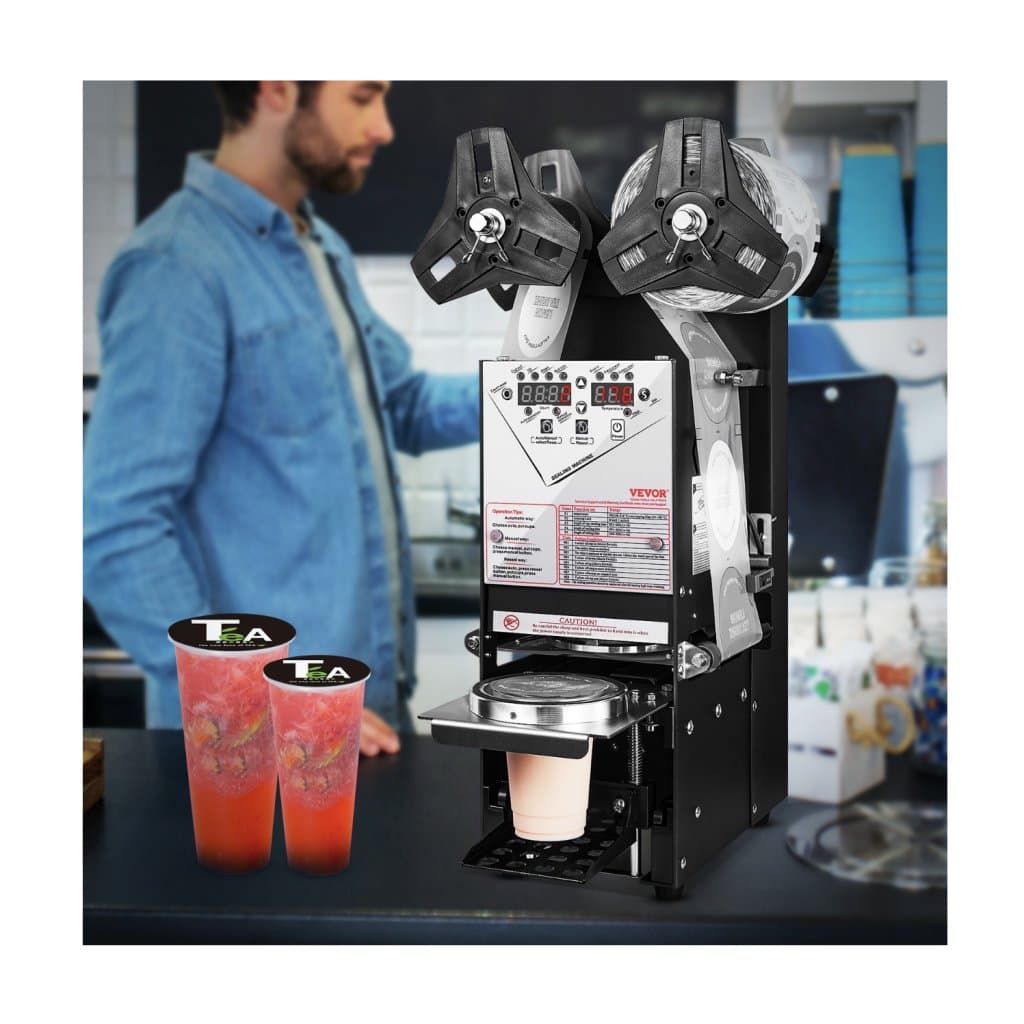 Plně automatický stroj na těsnění kelímků, 500–650 kelímků/h, pro kelímky výšky 180 mm a průměru 90/95 mm, elektrický těsnící stroj pro boba čaj s digitálním LCD ovládacím panelem pro bubble tea, kávu, černý čaj